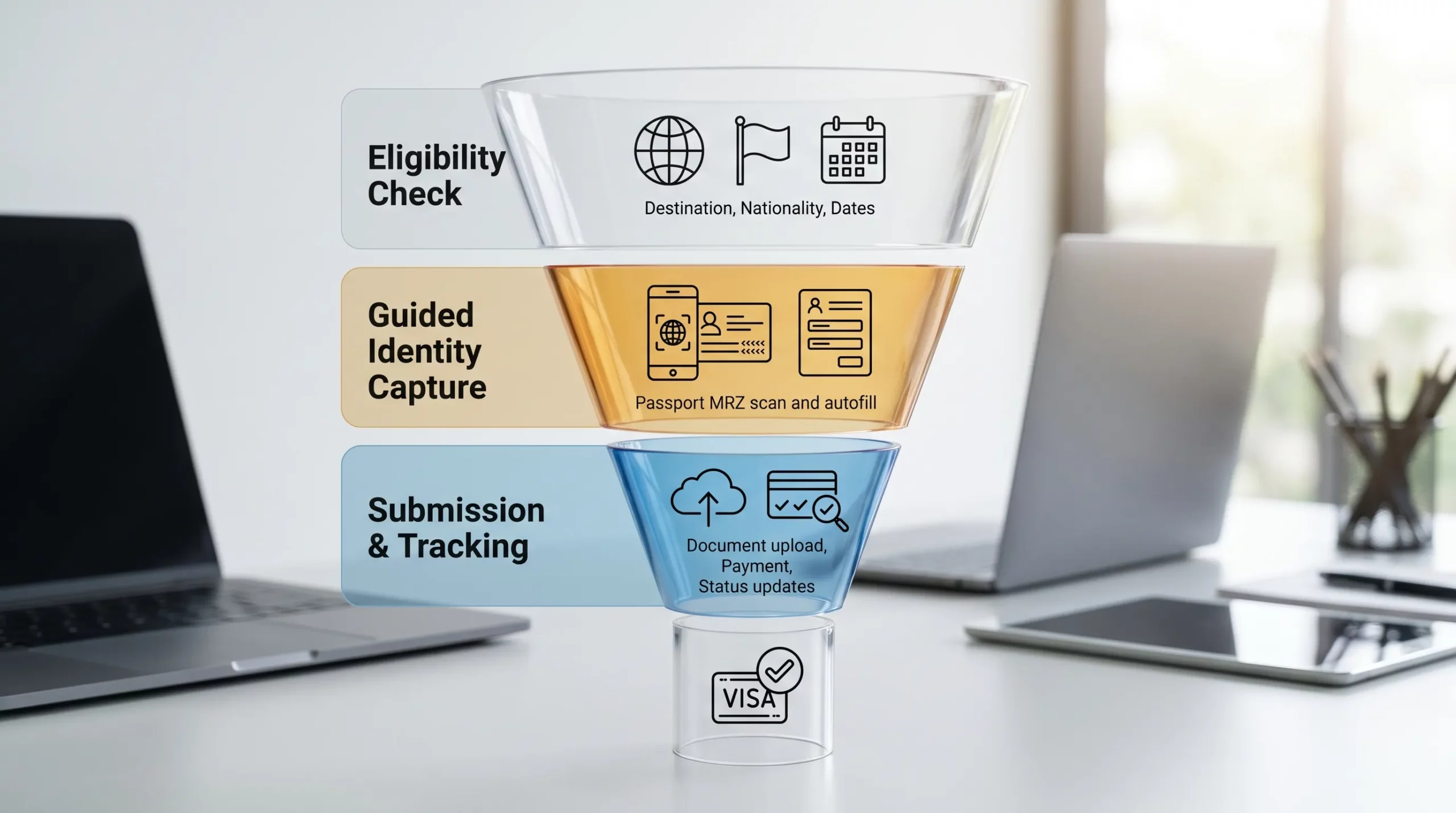 A simplified funnel diagram showing three stages of an online visa journey: Eligibility check (destination, nationality, dates), Guided identity capture (passport MRZ scan and autofill), and Submission and tracking (document upload, payment, status updates).