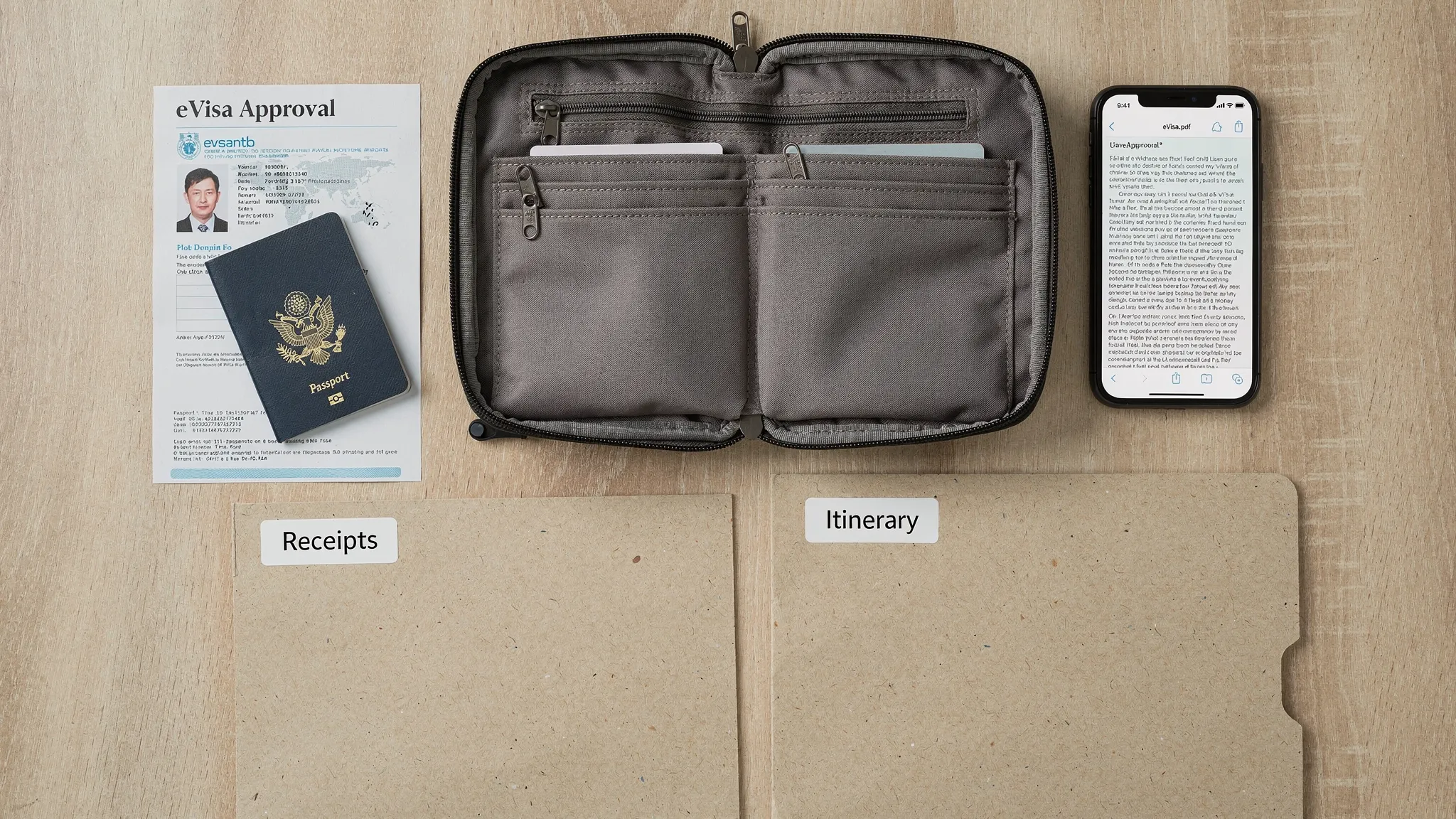 A tidy travel document organizer layout on a table with a passport, printed eVisa approval page, a phone showing a saved PDF, and labeled folders for receipts and itinerary.