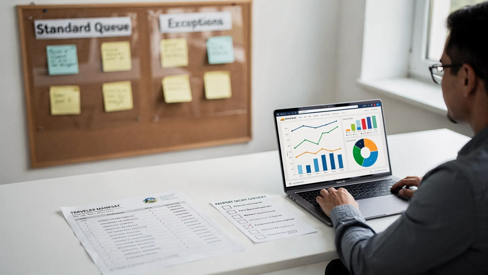 A tour operator operations desk scene with a printed traveler manifest, passport scan checklist, and a kanban board labeled “Standard Queue” and “Exceptions”. A team member reviews a status dashboard on a laptop screen that faces the correct direction and shows generic charts with no readable text.