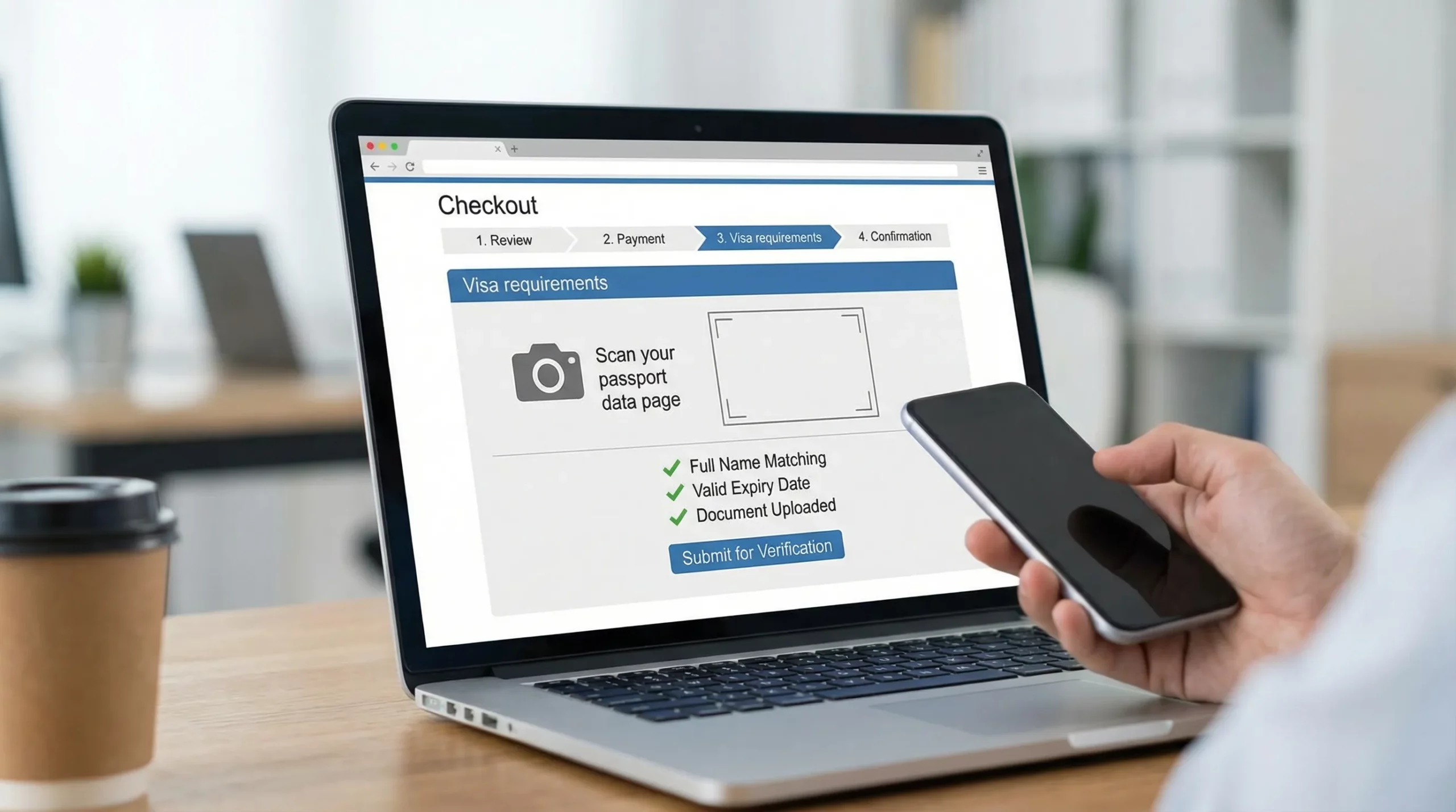 A travel booking checkout page mockup with a highlighted “Visa requirements” step, showing a passport scan prompt and a validation checklist for names, dates, and document uploads. The screen is facing the viewer and contains only generic UI elements with no real logos.