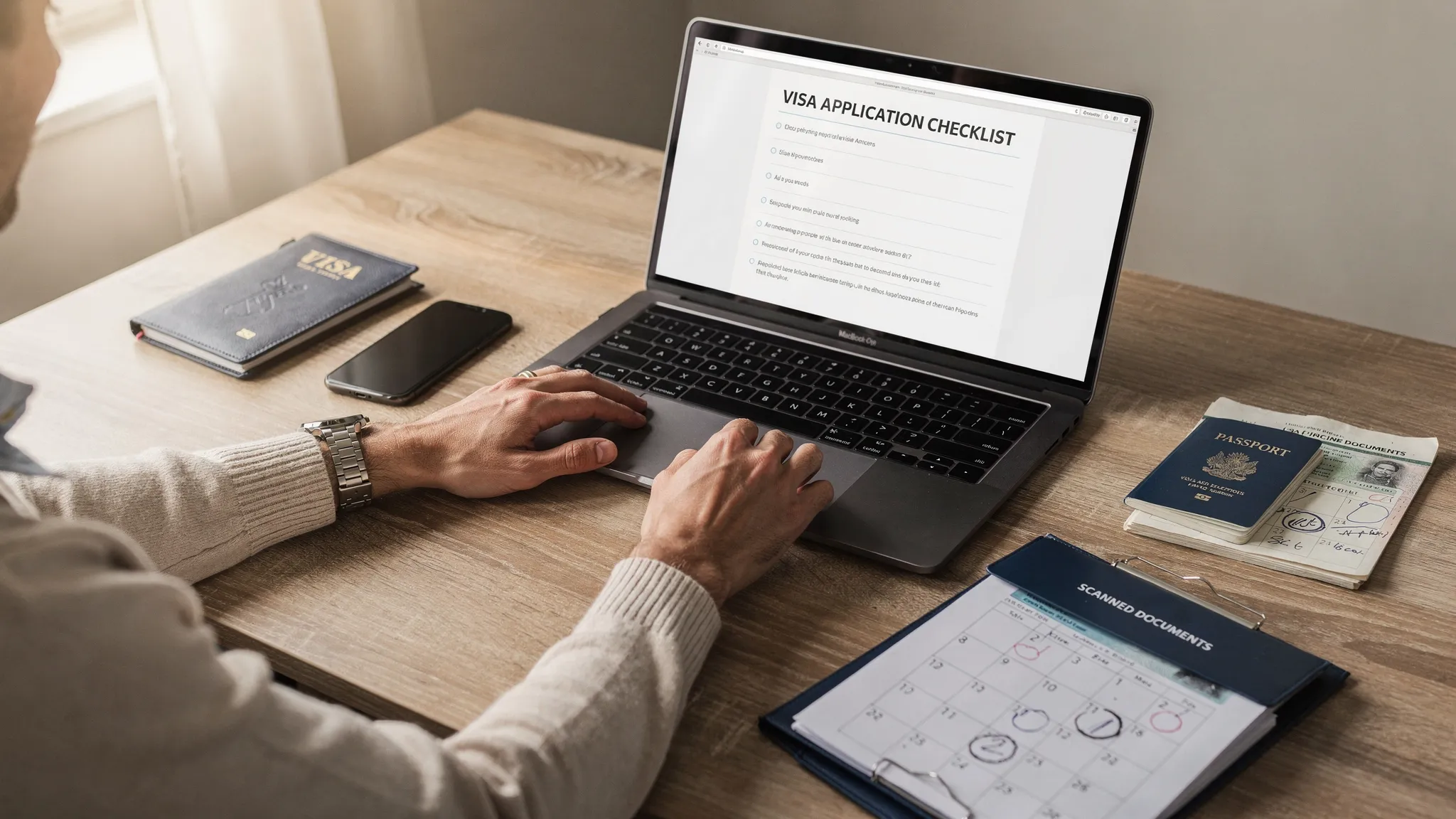 A traveler at a desk with passport, phone, and laptop open to a generic visa checklist page (screen facing the viewer), with a calendar and a folder of scanned documents nearby.