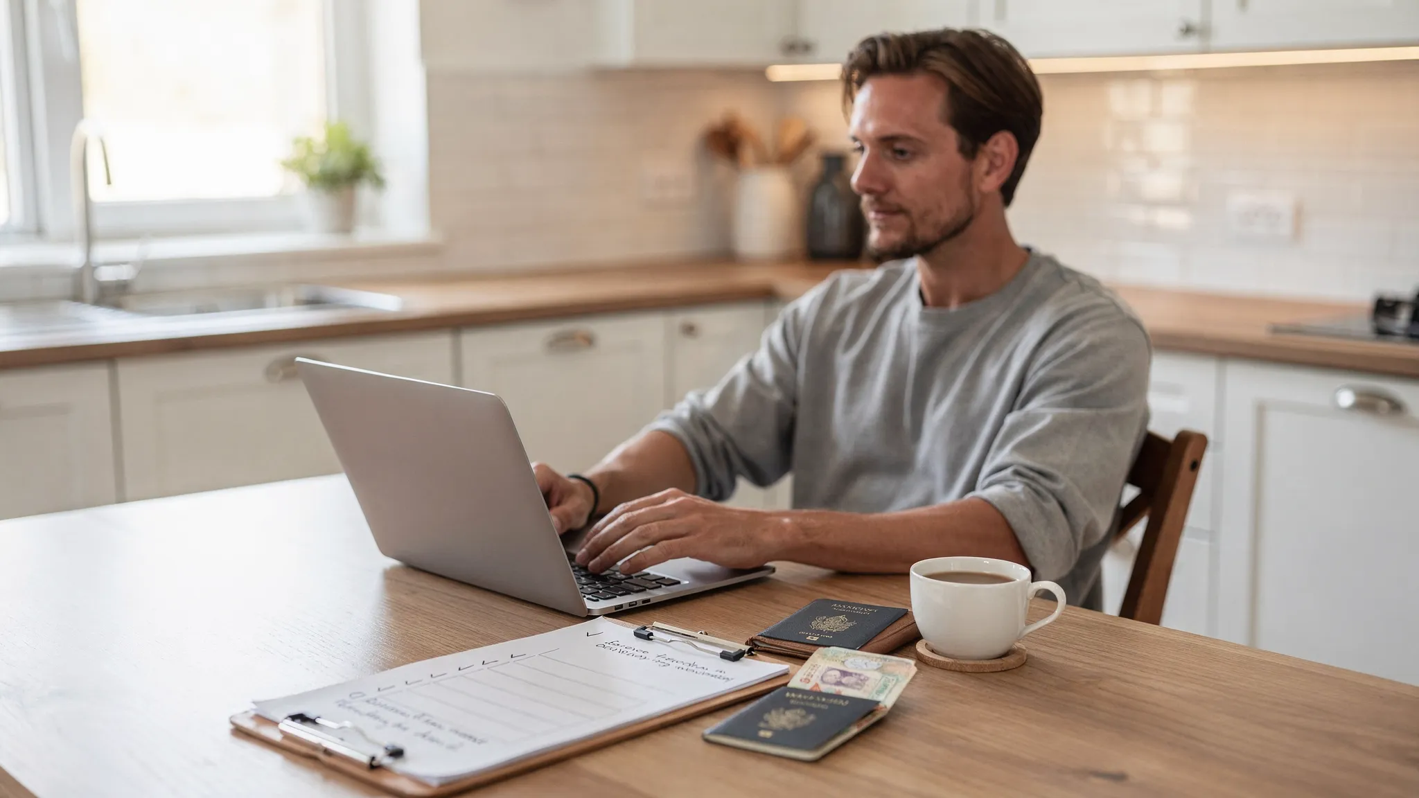 A traveler at a kitchen table with a passport, a laptop open to an online application form (screen facing the right direction and not readable), and a simple checklist on paper, conveying a calm DIY visa application process.
