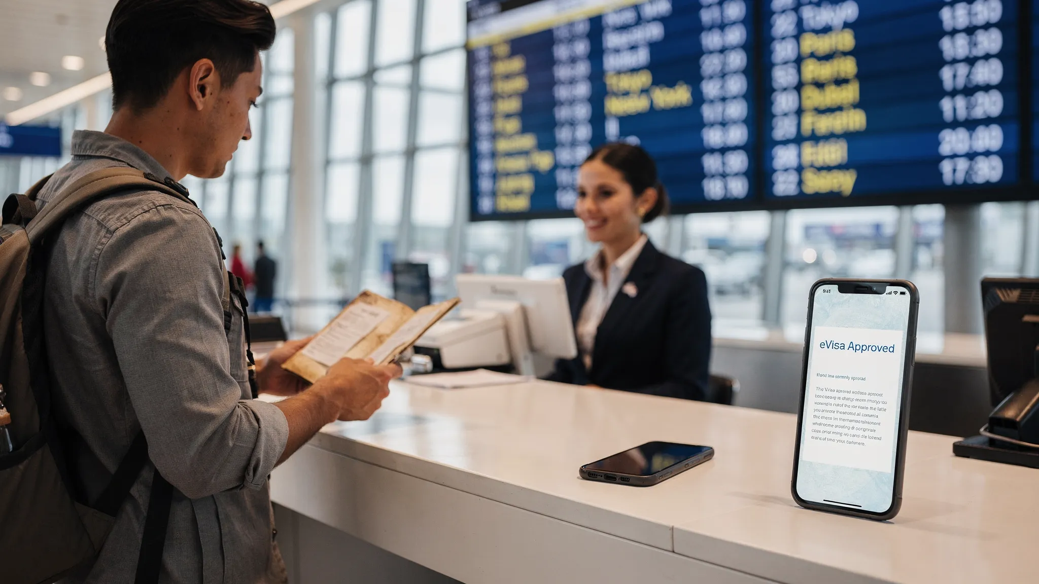 A traveler at an airport desk holding an open passport and a folder of printed confirmations, while a smartphone nearby displays a digital eVisa approval PDF; a departure board in the background shows multiple international destinations.