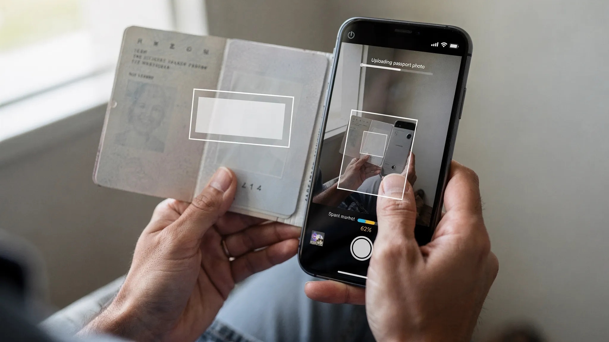 A traveler holding a passport while using a smartphone camera to capture a clear passport photo for an online visa application, with simple on-screen framing guides and a visible upload progress indicator.