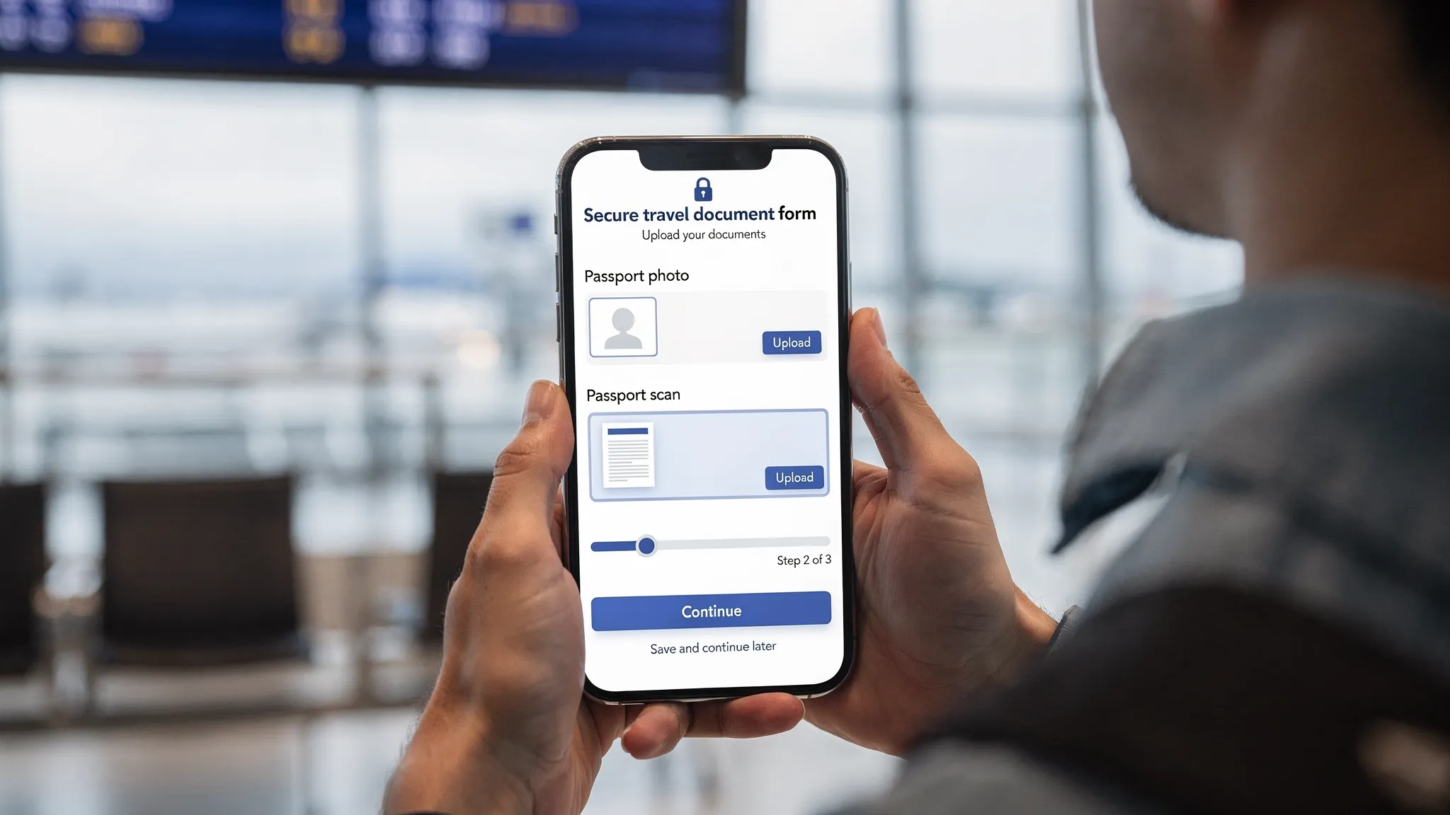 A traveler holding a smartphone in portrait orientation, uploading a passport photo and passport scan in a secure travel document form, with clear progress indicators and a “Save and continue later” option visible.