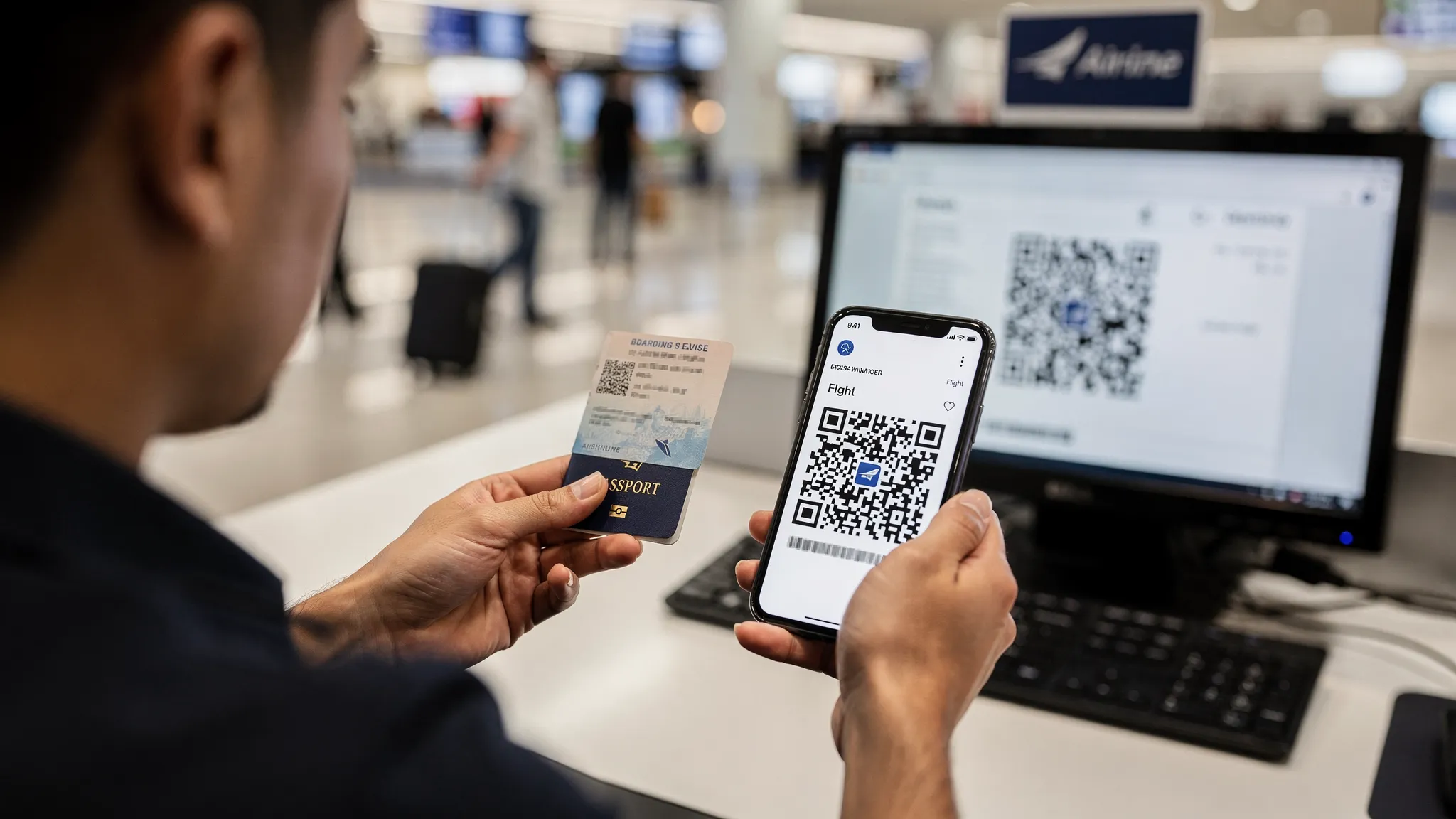 A traveler standing at an airport check-in counter holding a passport and a printed eVisa, while also showing a smartphone with a wallet pass QR code visible on screen, with the screen facing the agent and no visible personal data beyond a generic QR code.