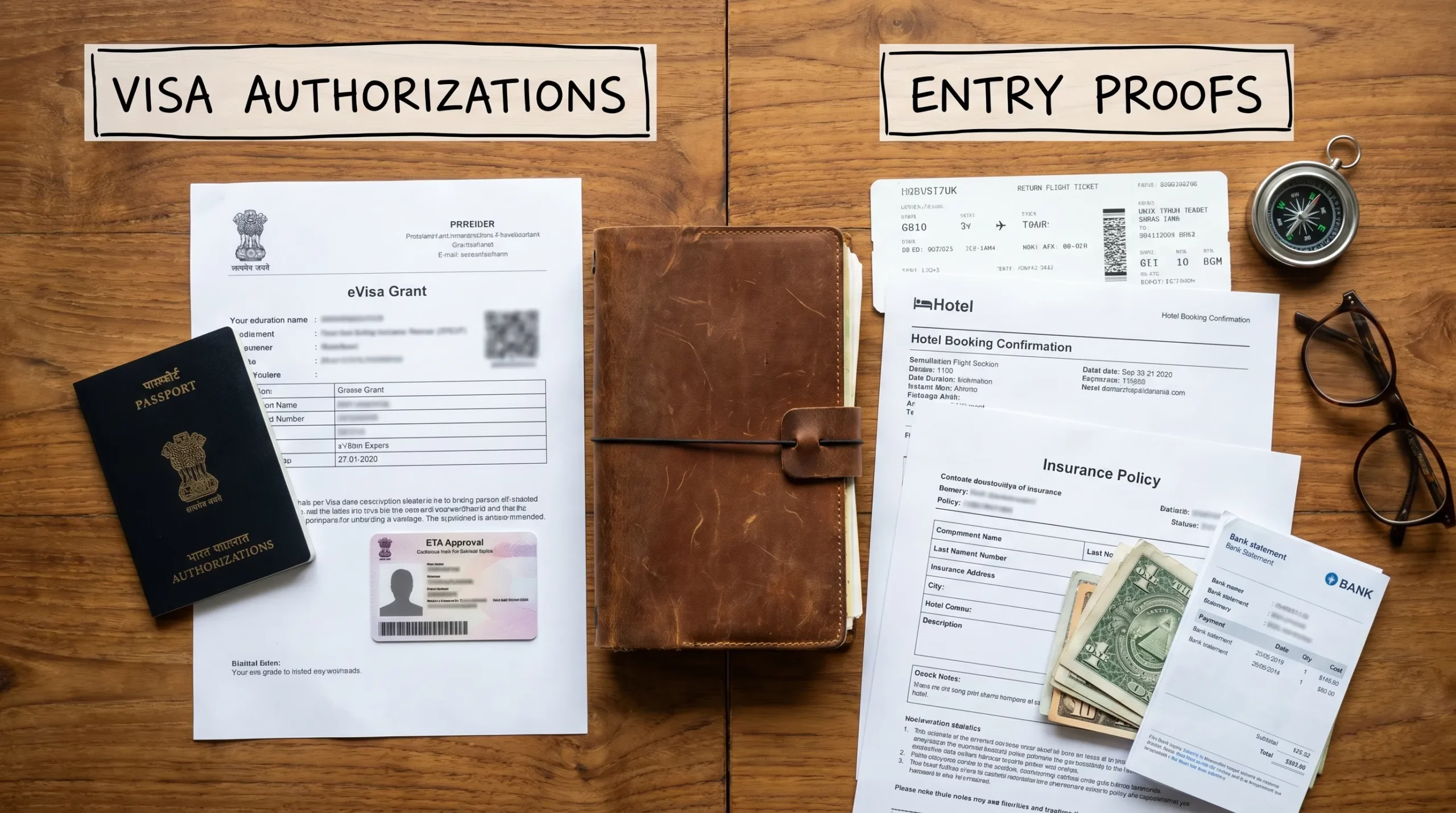 A traveler’s documents arranged into two labeled groups, one for visa authorizations such as eVisa and ETA, and one for entry proofs such as return ticket, hotel booking, insurance, and proof of funds.