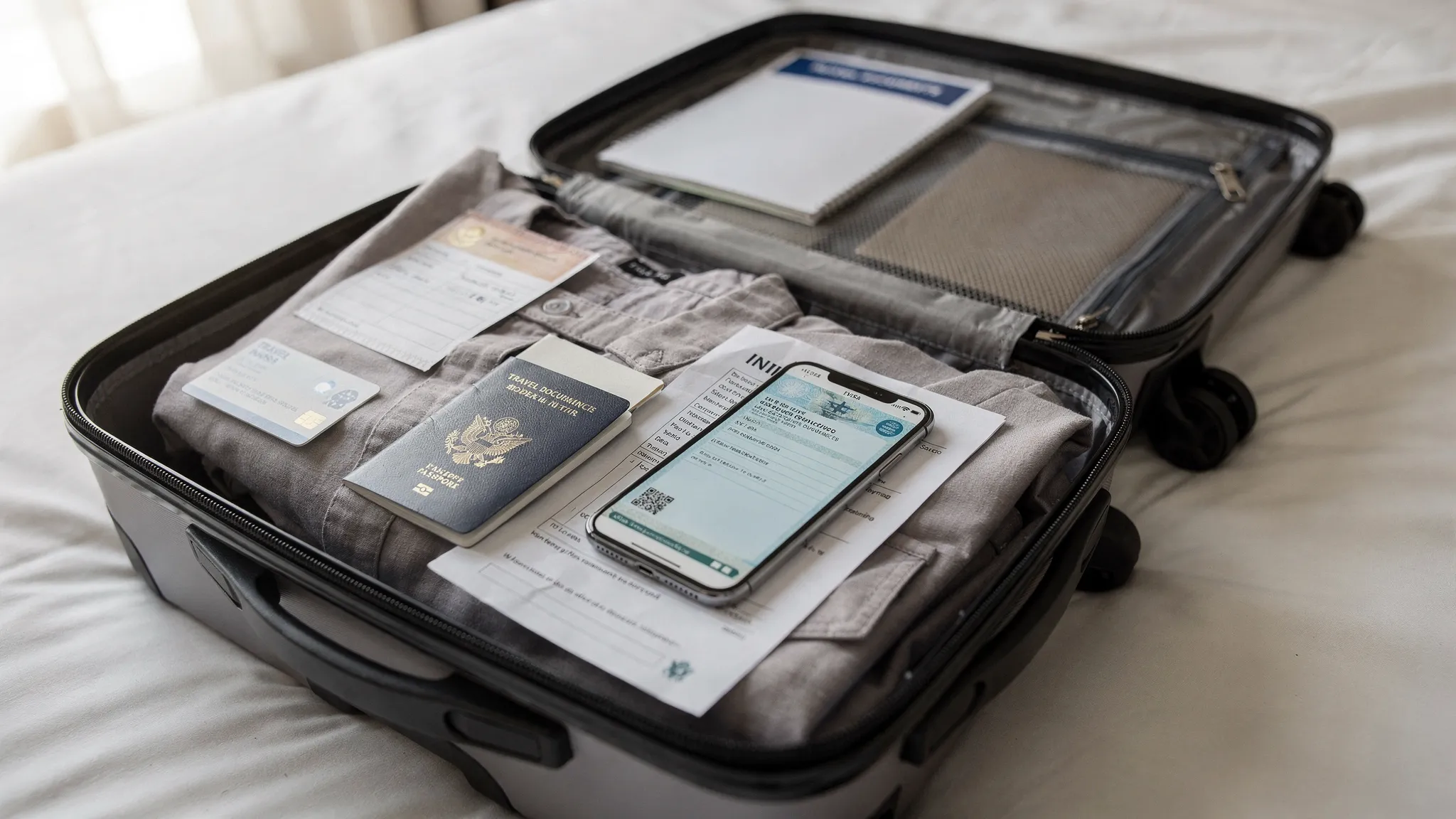 A traveler’s open carry-on on a bed with a passport, printed itinerary, phone showing an eVisa PDF (screen facing the right direction), travel insurance card, and a labeled document folder organized for border control.