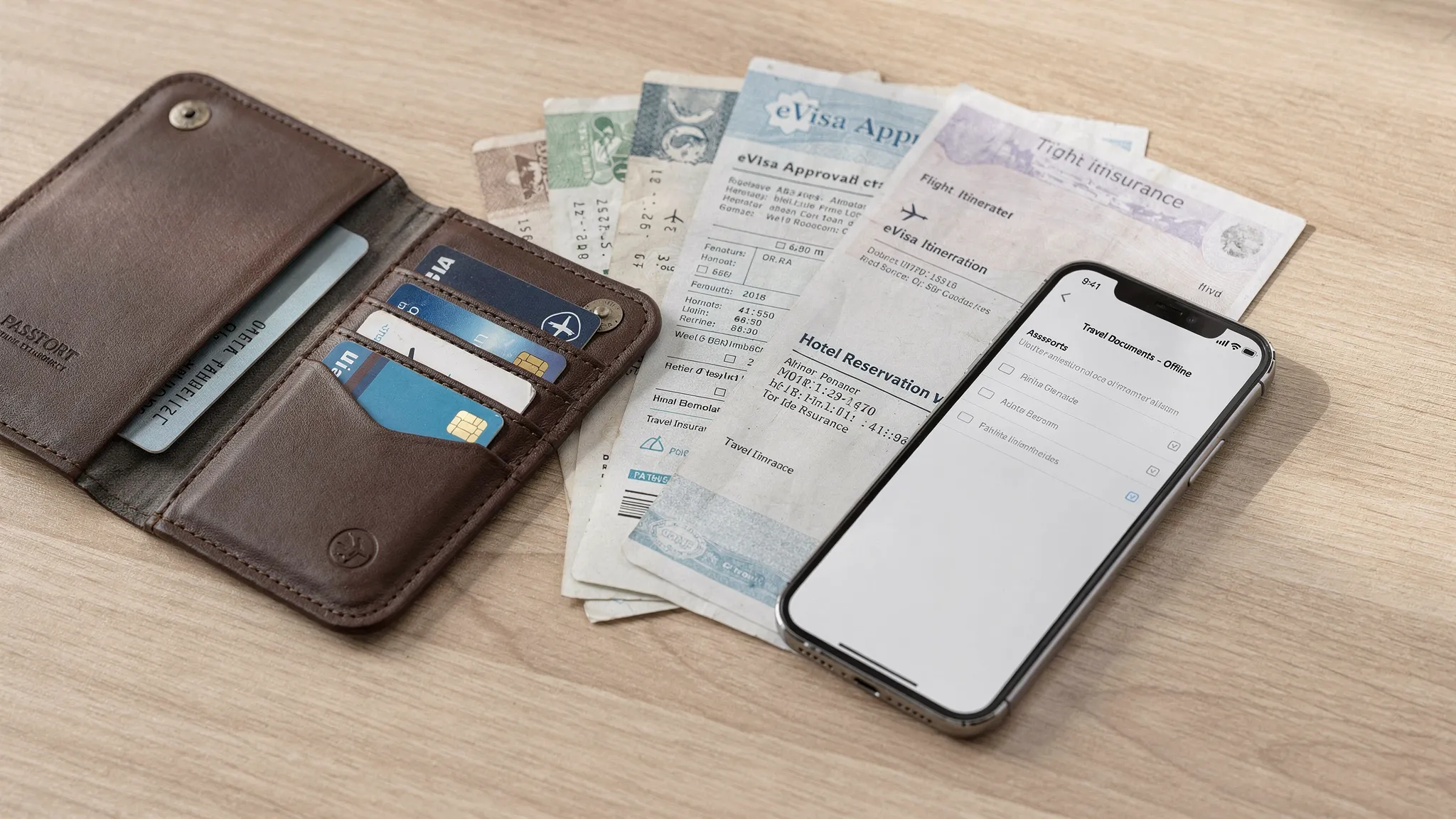 A traveler’s open passport wallet and a neatly organized stack of printed travel documents on a table, including an eVisa approval page, flight itinerary, hotel booking confirmation, and travel insurance certificate, with a phone beside them showing a saved offline PDF list.