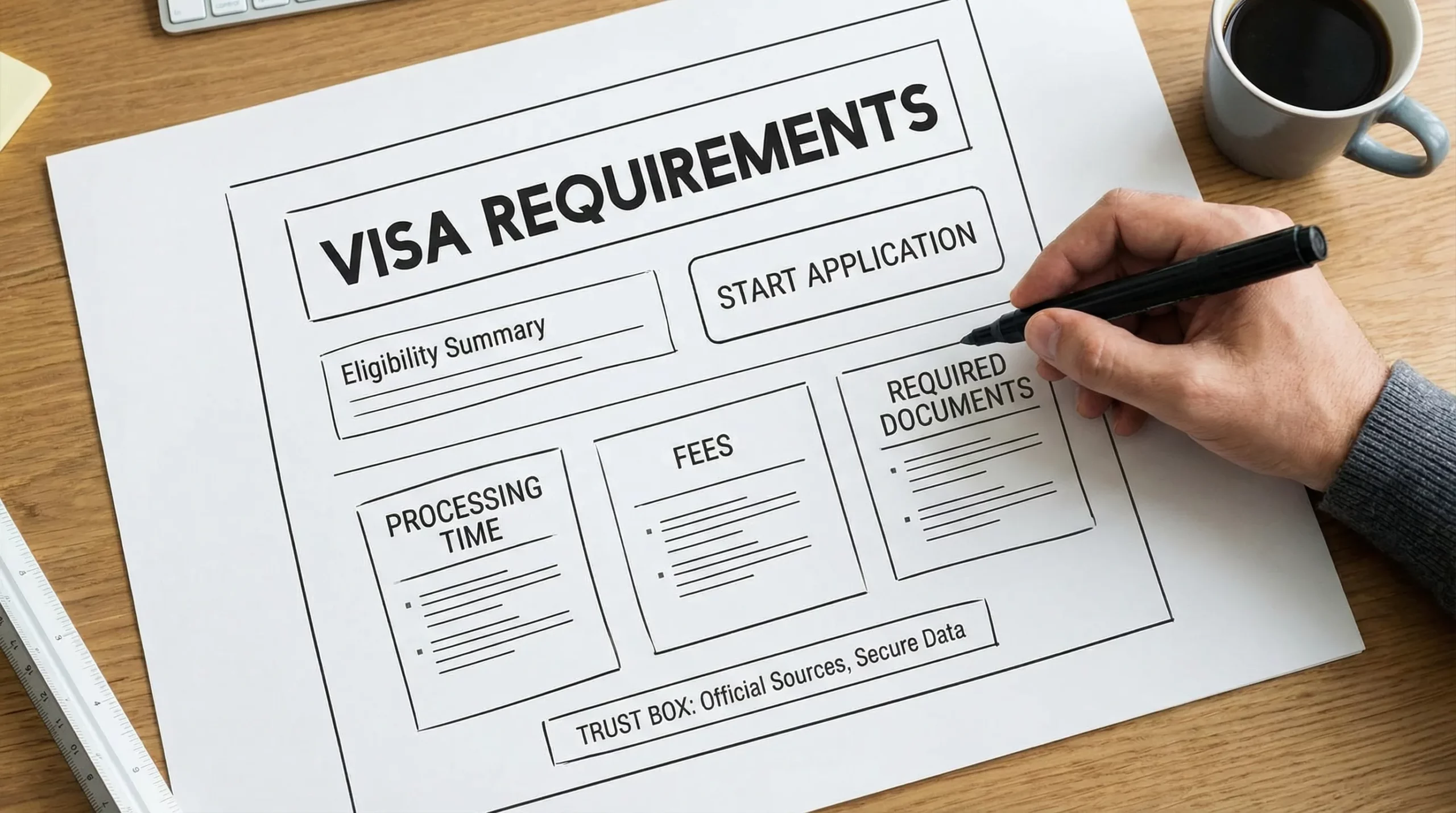 A wireframe-style illustration of a visa requirements page layout: top section with title and eligibility summary card, a prominent “Start application” button, then sections for processing time, fees, required documents, and a small trust box mentioning official sources and secure handling of data.