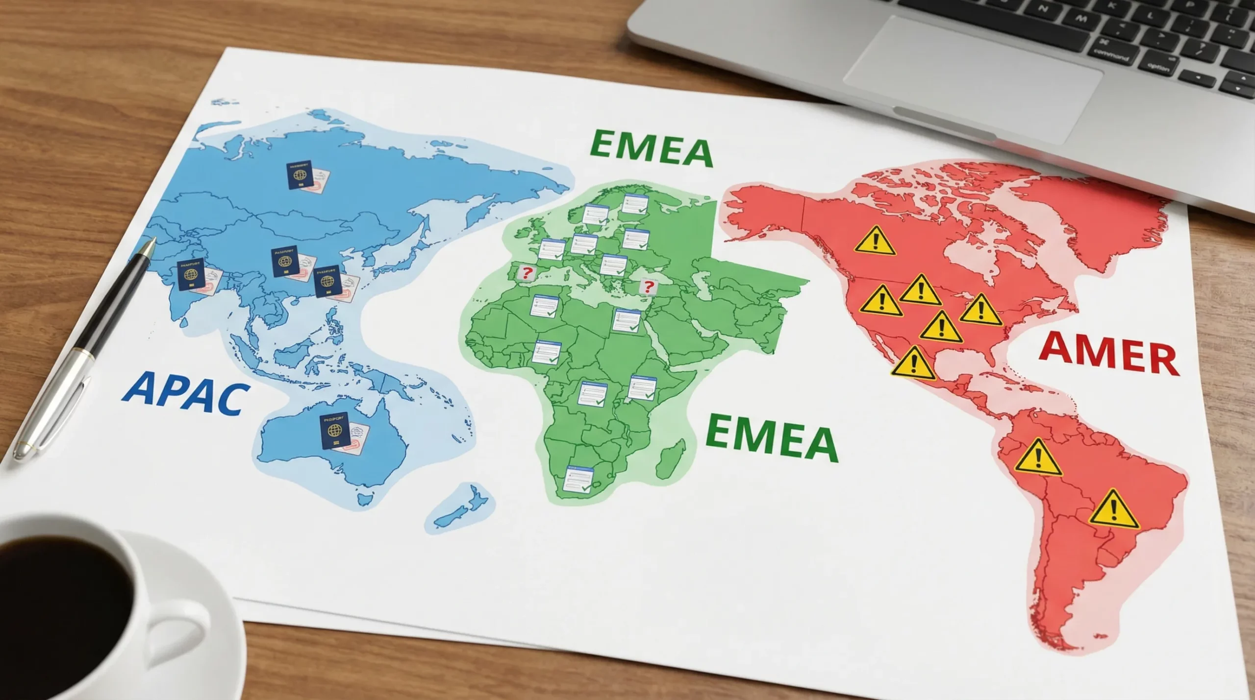 A world map split into three highlighted regions labeled APAC, EMEA, and AMER, with small icons representing passports, form fields, and warning symbols to illustrate regional error patterns.