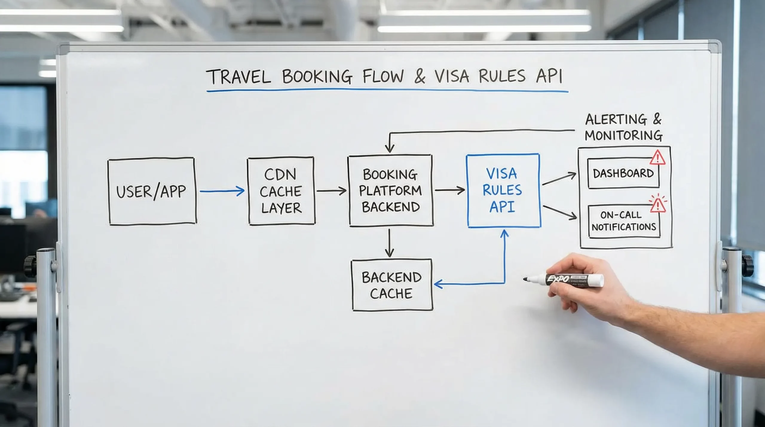 Diagram of a travel booking flow calling a visa rules API, with caching layers at CDN and backend, and alerting signals feeding a monitoring dashboard and on-call notifications.