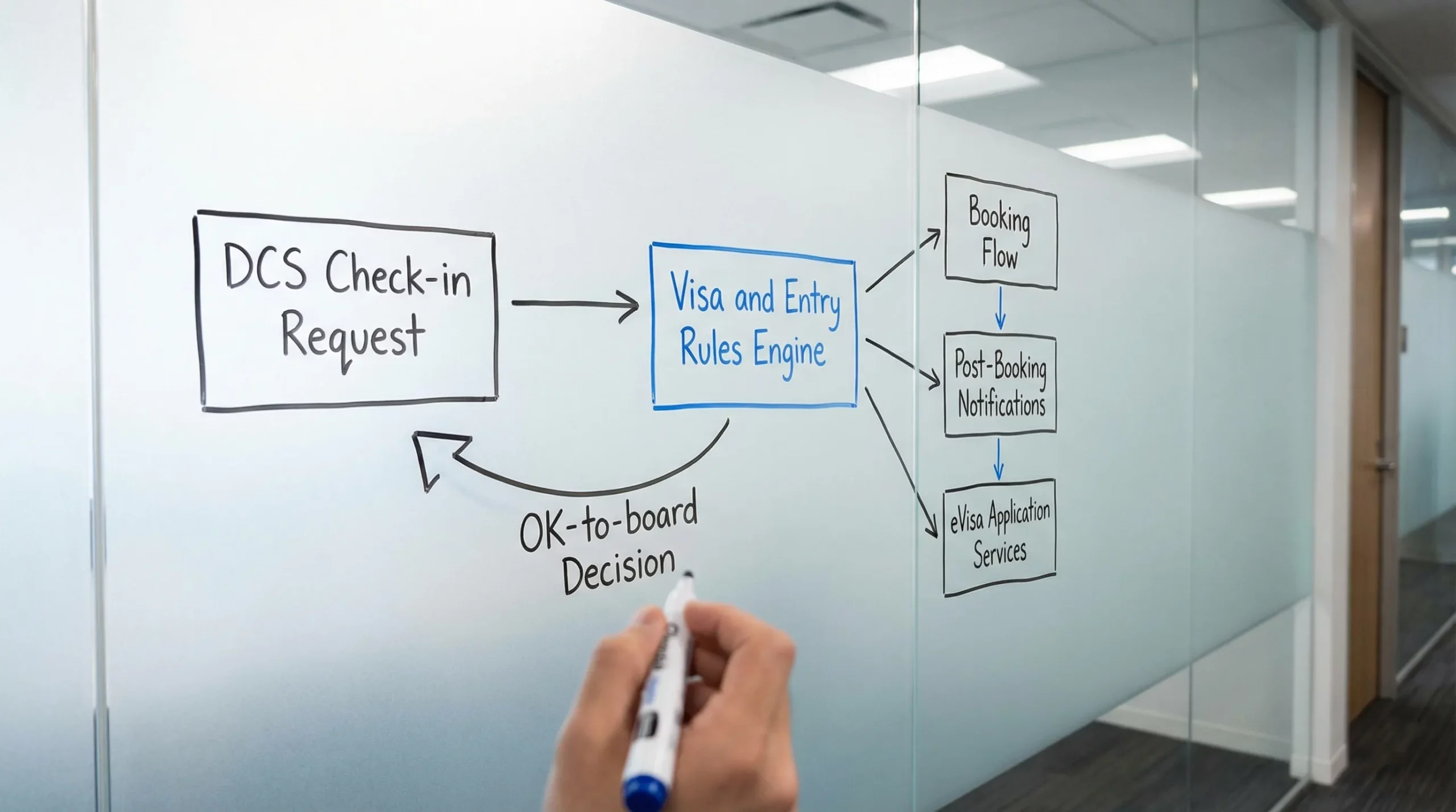 Simple architecture diagram showing a DCS check-in request flowing to a visa and entry rules engine, which also connects to booking flow, post-booking notifications, and eVisa application services, then returning an OK-to-board decision back to DCS.