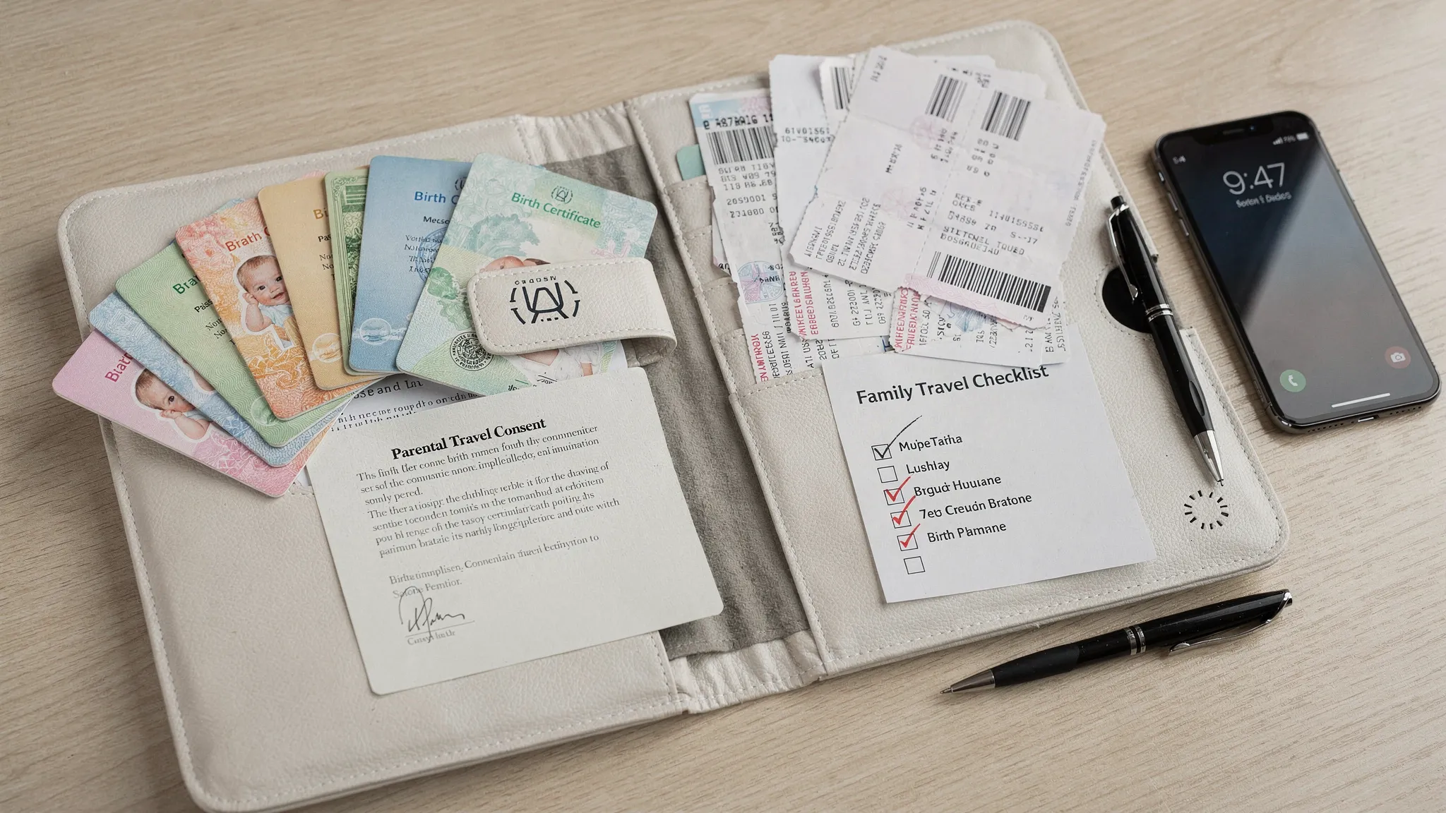 A family travel document folder on a table with child passports, a consent letter, birth certificate copies, boarding passes, and a checklist for an international trip with minors.