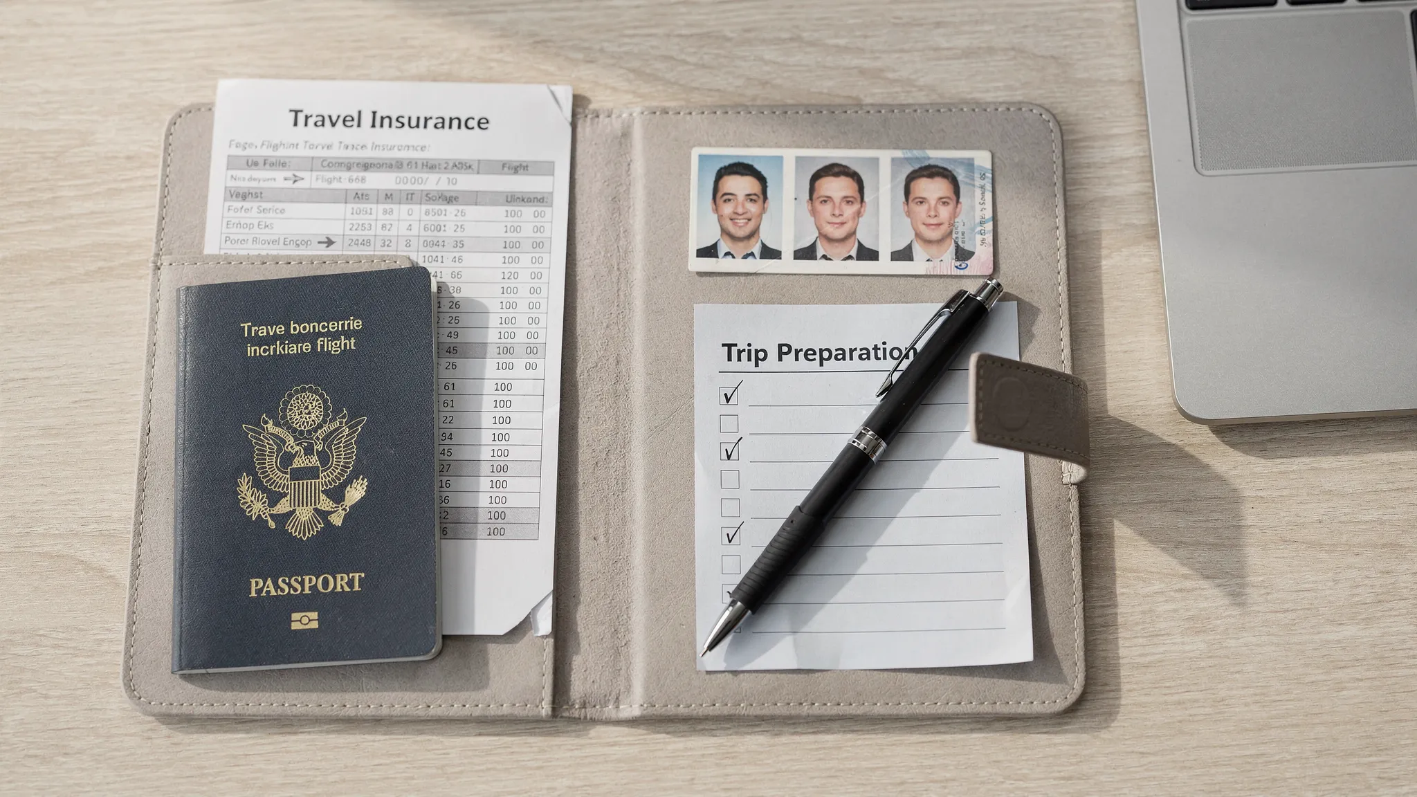 A neatly arranged travel document folder with a passport, printed itinerary, passport photos, insurance document, and checklist on a desk, showing organized preparation before booking an international flight.