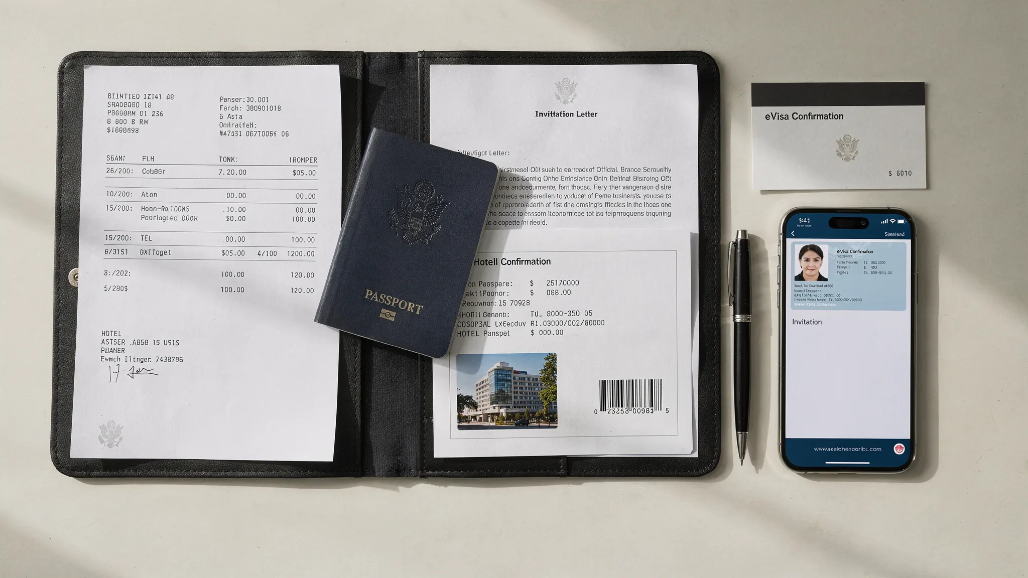 A neatly organized business travel document folder with a passport, printed itinerary, invitation letter, hotel confirmation, and digital eVisa confirmation displayed on a phone.