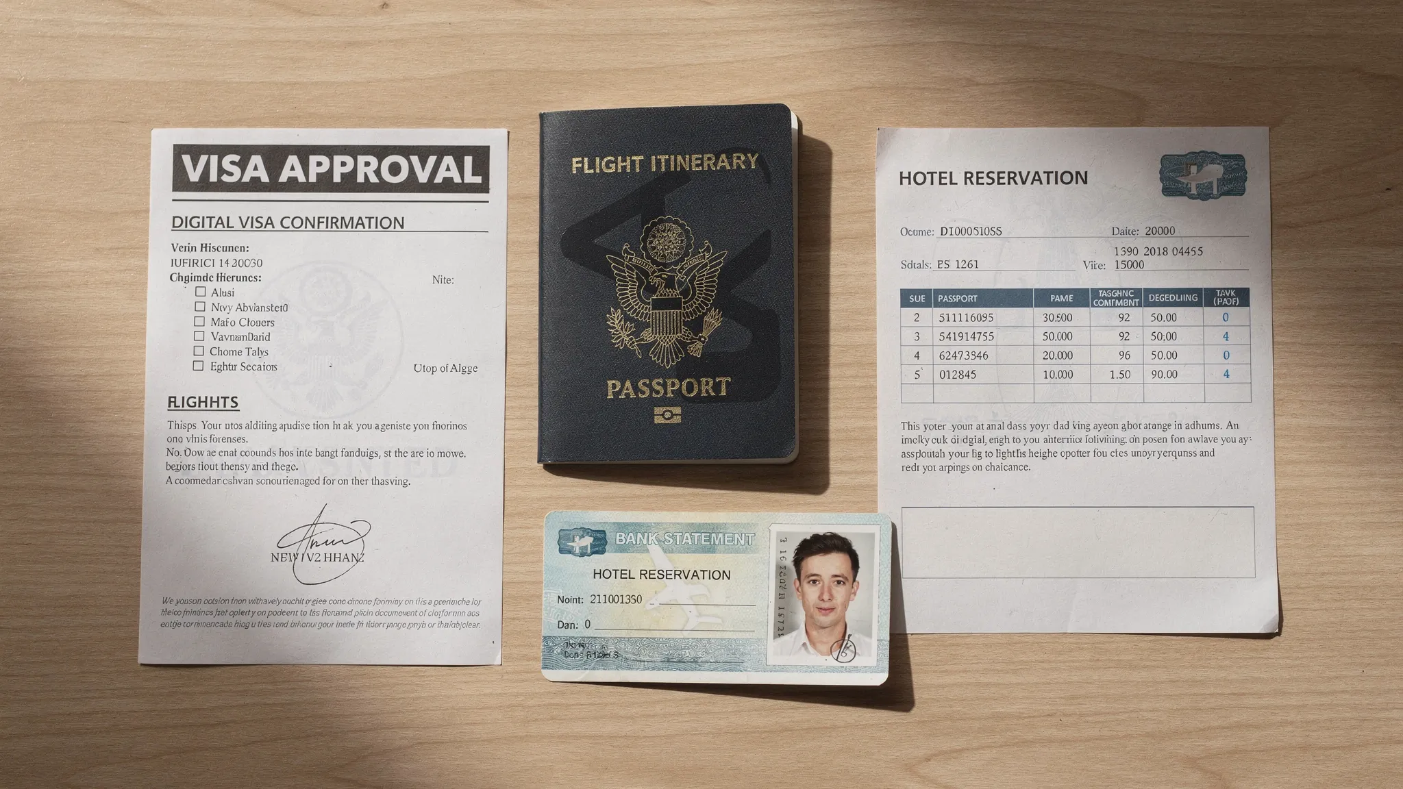 A neatly organized travel document checklist with a passport, digital visa confirmation, flight itinerary, accommodation proof, bank statement, and passport photo placed on a desk before an international trip.