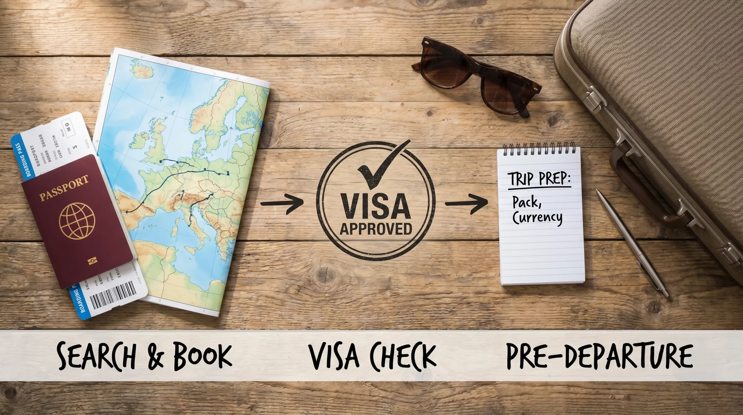 A passport, boarding pass, destination map, and visa approval symbol arranged in a simple travel journey sequence, showing how visa checks connect trip search, checkout, and pre-departure preparation.