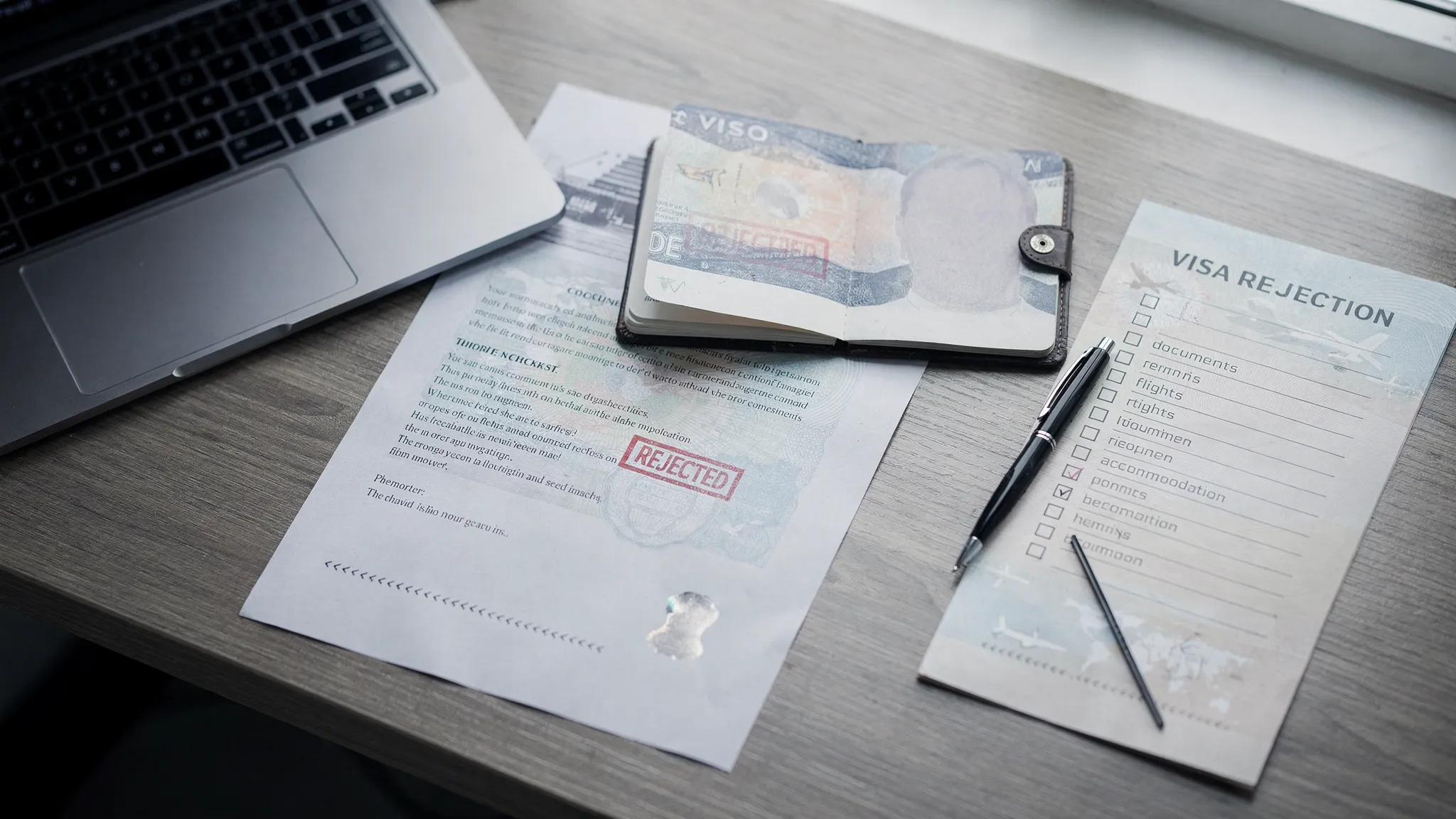 A passport, visa refusal letter, travel checklist, pen, and laptop arranged on a desk to represent reviewing a rejected visa application and planning next steps.