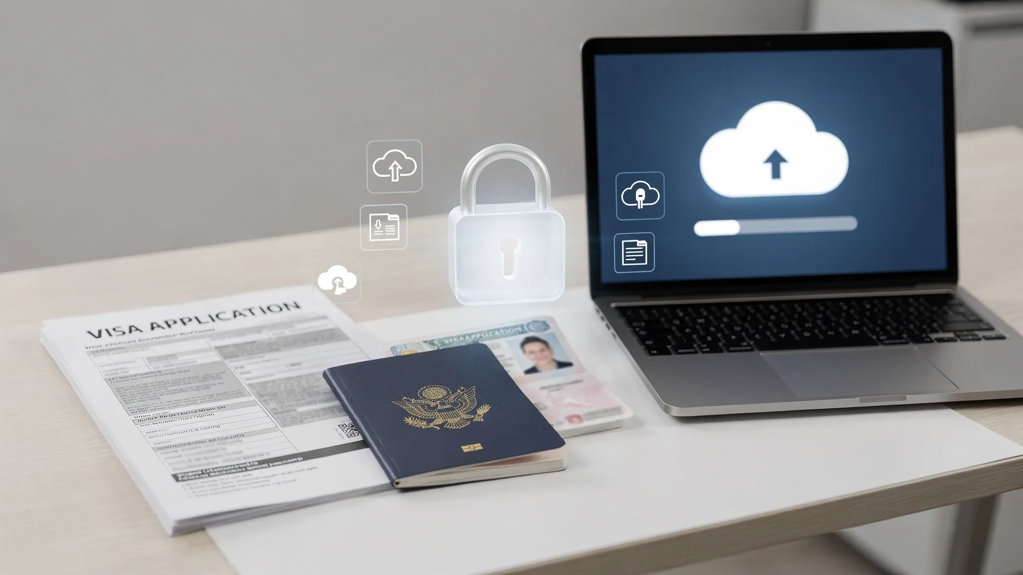 A secure digital travel document upload concept showing a passport, visa application file, lock icon, and cloud storage symbols arranged on a clean desk.