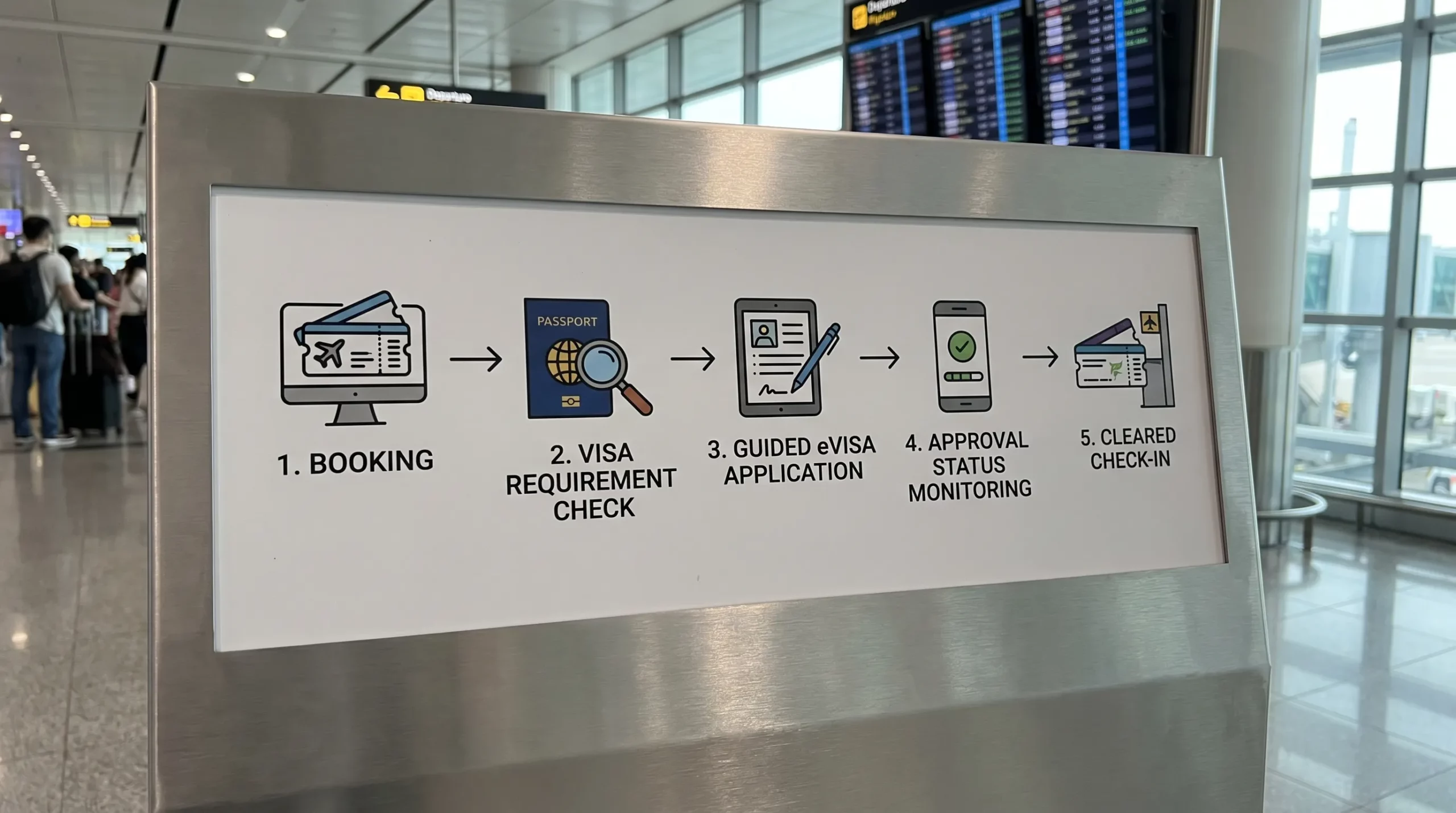A simple airline workflow showing five connected steps: booking, visa requirement check, guided eVisa application, approval status monitoring, and cleared check-in.