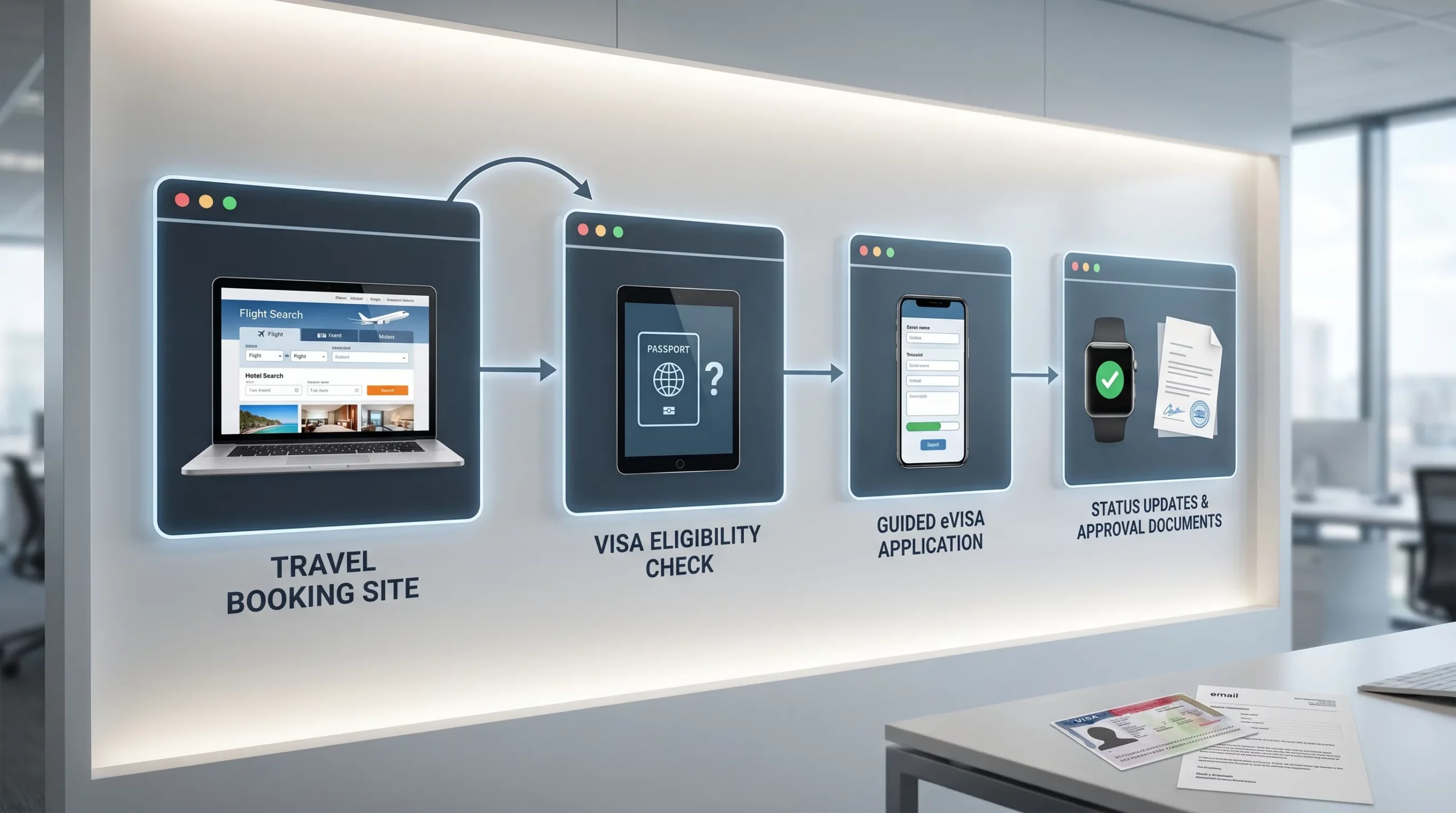 A simple four-part flow showing a travel booking site connected to visa eligibility, guided eVisa application, status updates, and traveler approval documents.