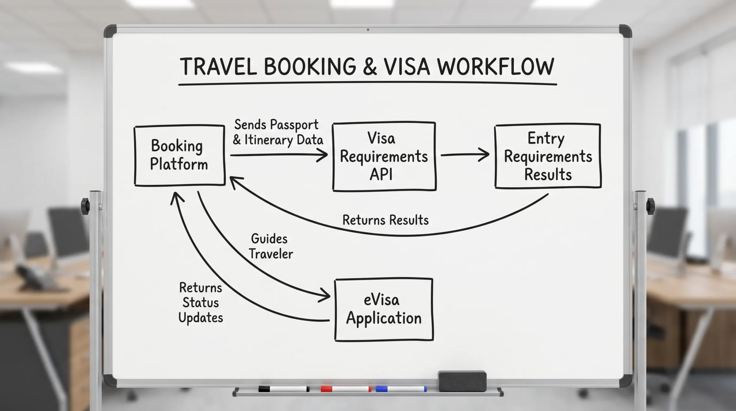 A simple four-step flow diagram showing a travel booking platform sending passport and itinerary data to a visa requirements API, receiving entry requirement results, guiding the traveler to an eVisa application, and returning status updates to the booking platform.