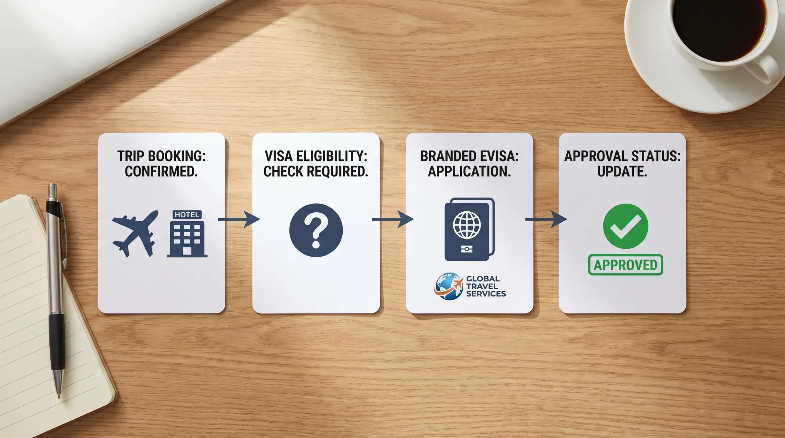 A simple travel booking journey diagram showing four connected steps: trip booking, visa eligibility prompt, branded eVisa application, and approval status update.