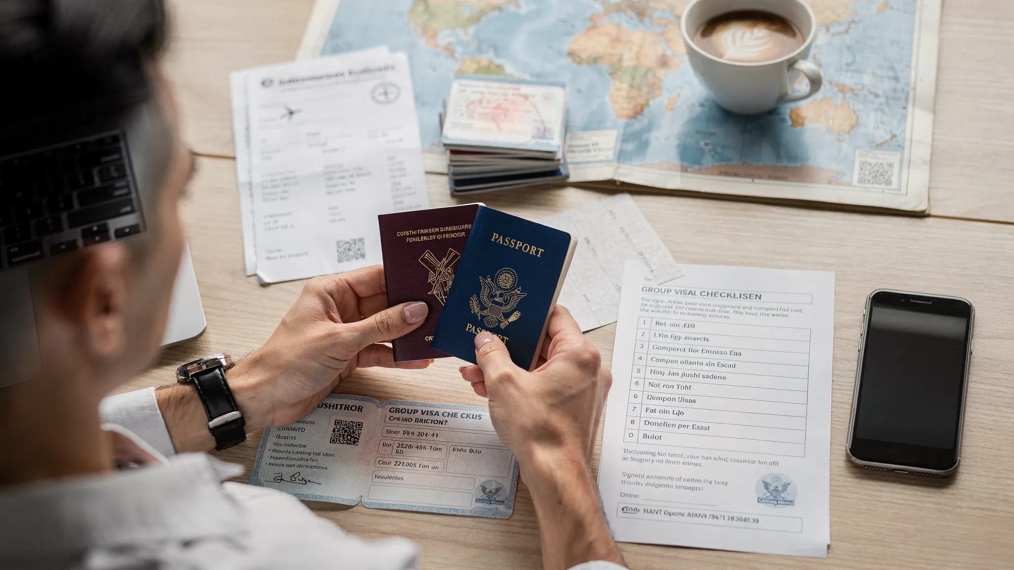 A travel organizer reviews passports, flight itineraries, consent forms, and a group visa checklist on a table before an international group trip.