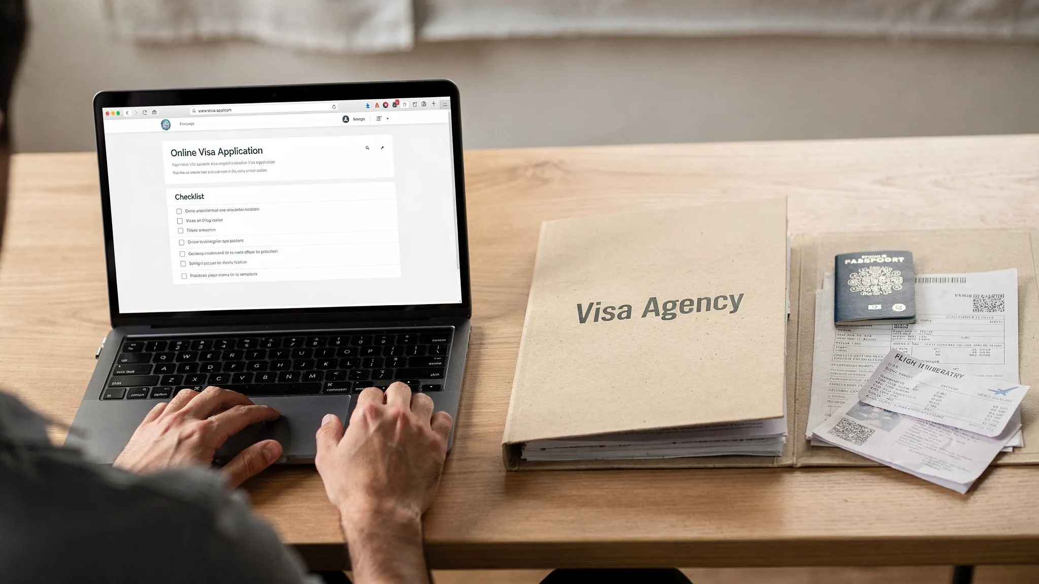 A traveler compares two options on a desk: a laptop showing an online visa application checklist and a folder labeled visa agency with printed documents, passport, and itinerary nearby.