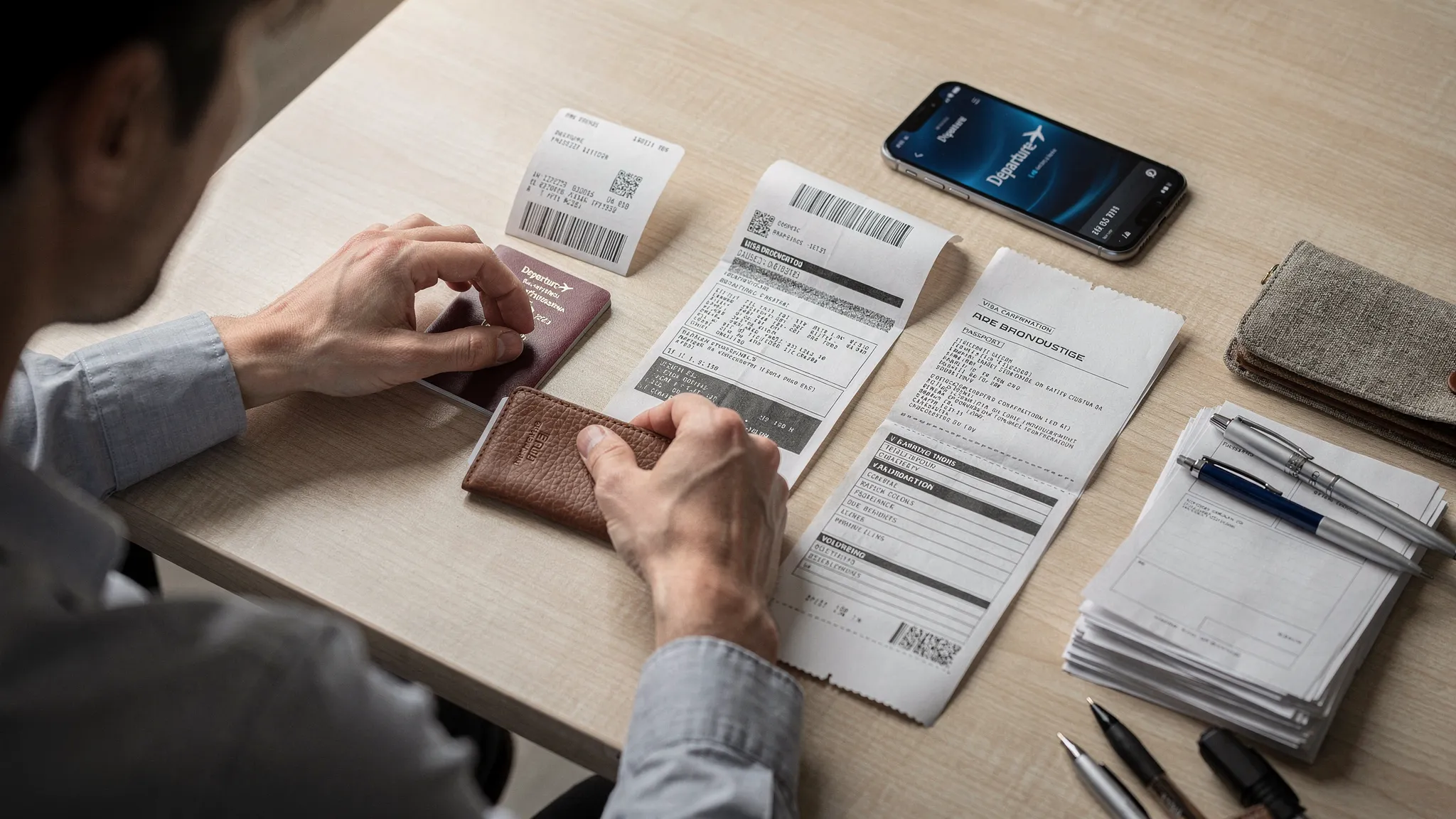 A traveler organizing a passport, boarding pass, printed visa confirmation, phone, and travel documents on a table before an urgent international departure.