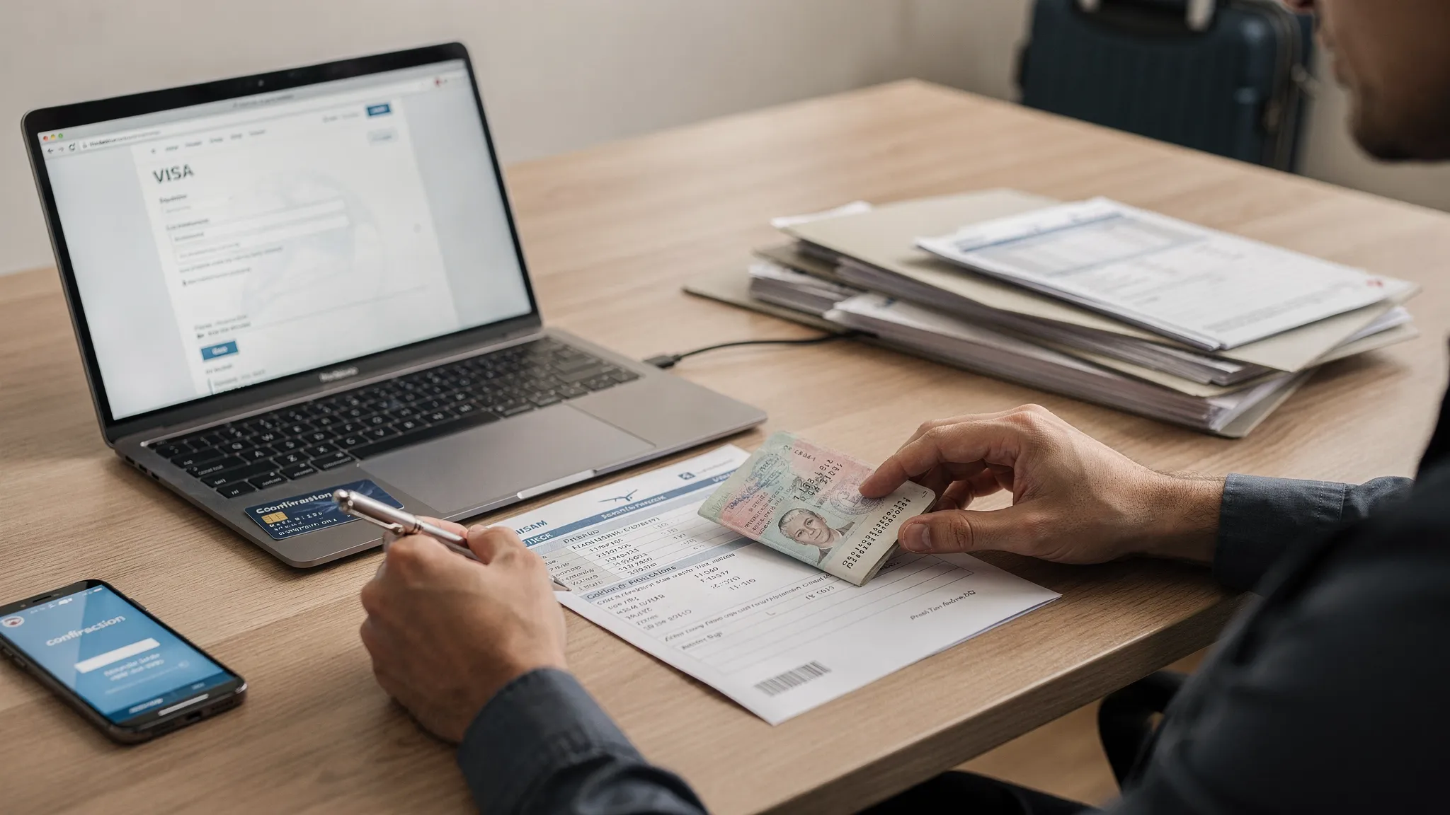 A traveler preparing last-minute visa documents on a desk with a passport, printed itinerary, phone, laptop, payment card, and neatly organized document folders before an international flight.
