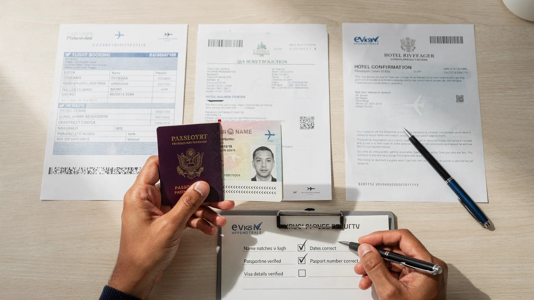A traveler reviewing a passport, flight booking, hotel confirmation, and eVisa approval on a desk, using a checklist to compare names, dates, and passport numbers across documents.