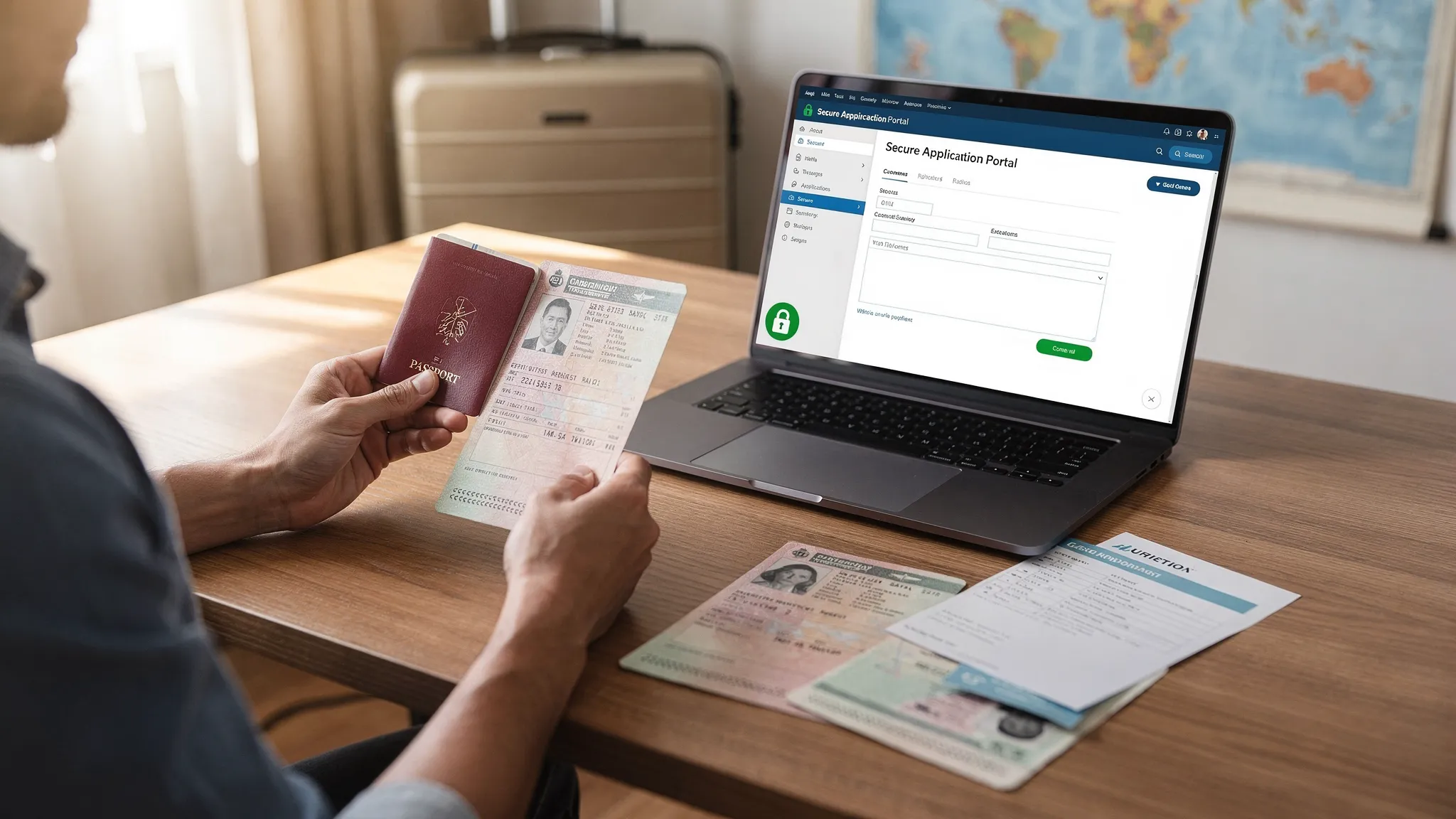 A traveler reviews passport, flight itinerary, and visa documents on a desk with a laptop showing a secure online application form facing the user.