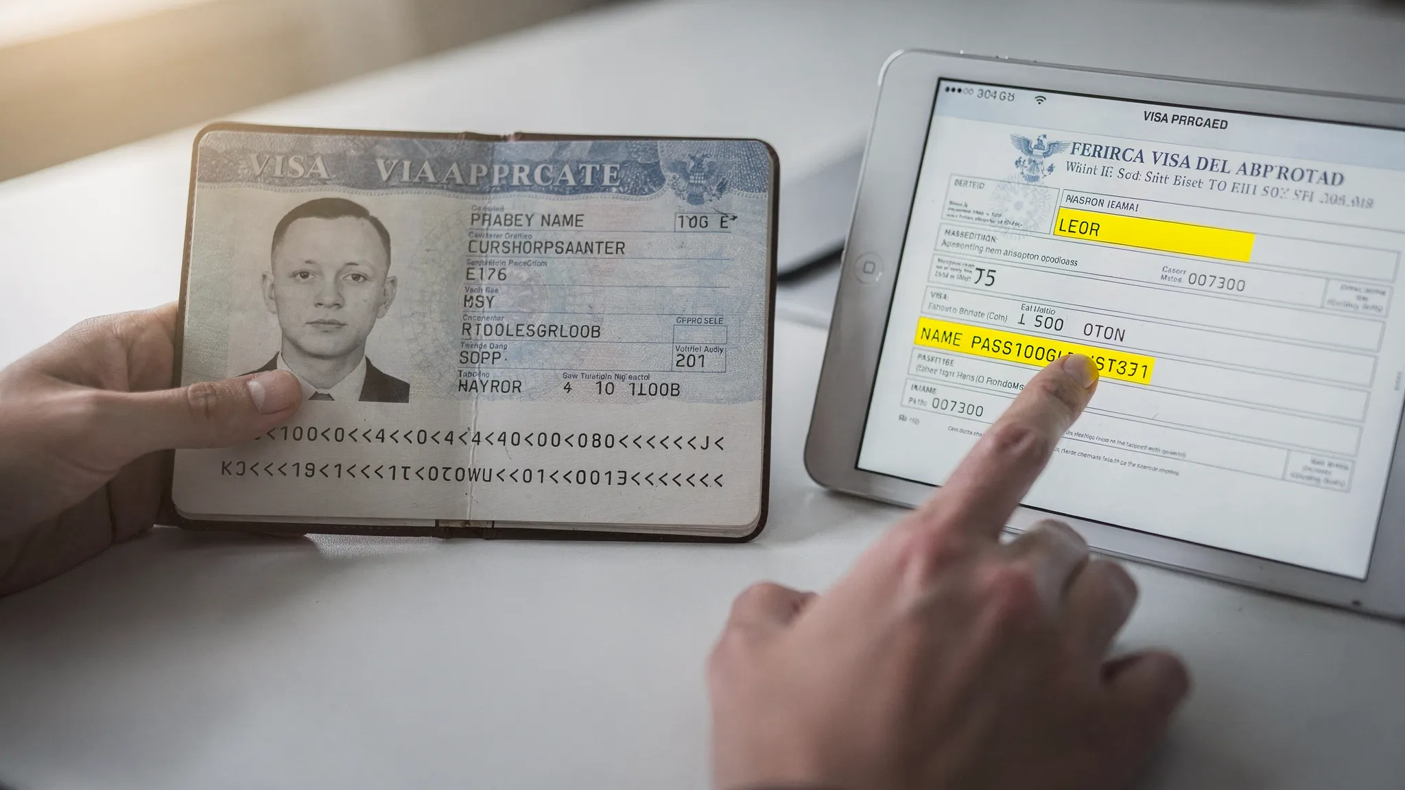 An open passport next to a digital visa approval document, with highlighted name and passport number fields being carefully compared for accuracy.