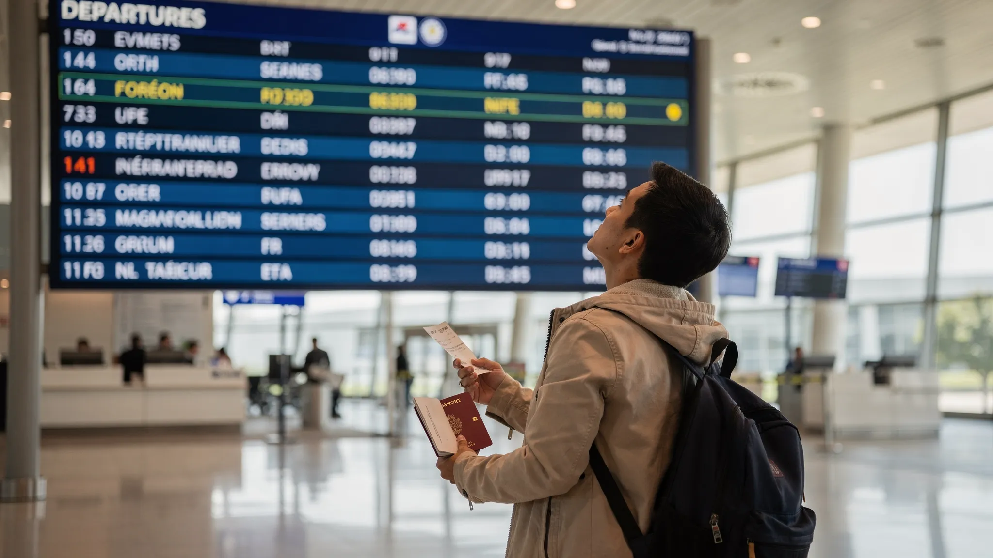 Traveler holding a passport and boarding pass while checking an airport departures board for a short international connection.