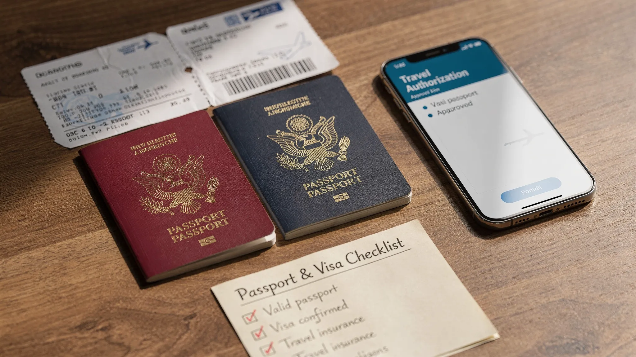 Two passports from different countries placed beside a boarding pass, a smartphone showing a digital travel authorization, and a small checklist for passport and visa details on a travel desk.