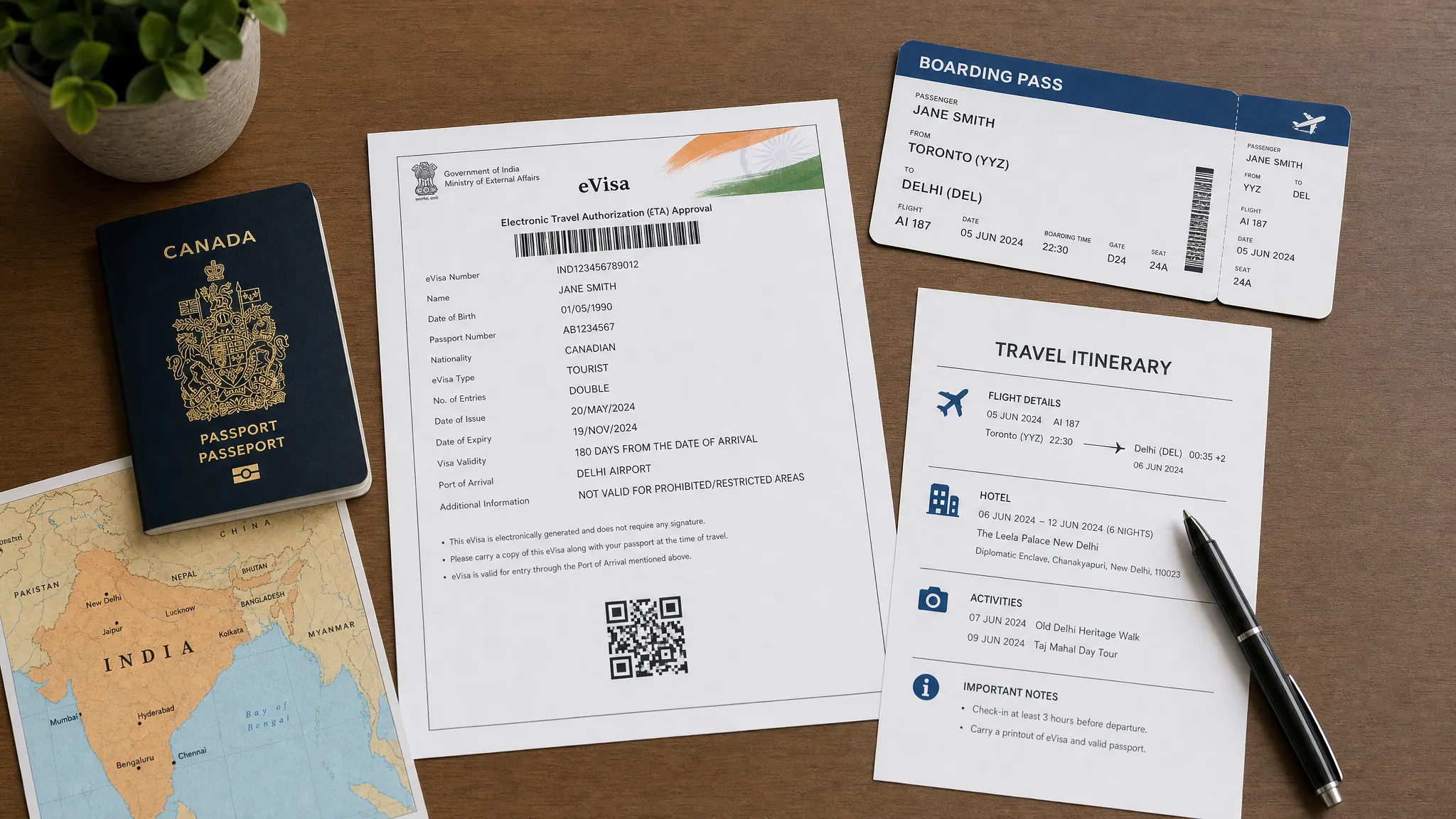 A Canadian passport, printed Indian eVisa approval, boarding pass, and travel itinerary arranged neatly on a desk beside a small map of India and a pen.