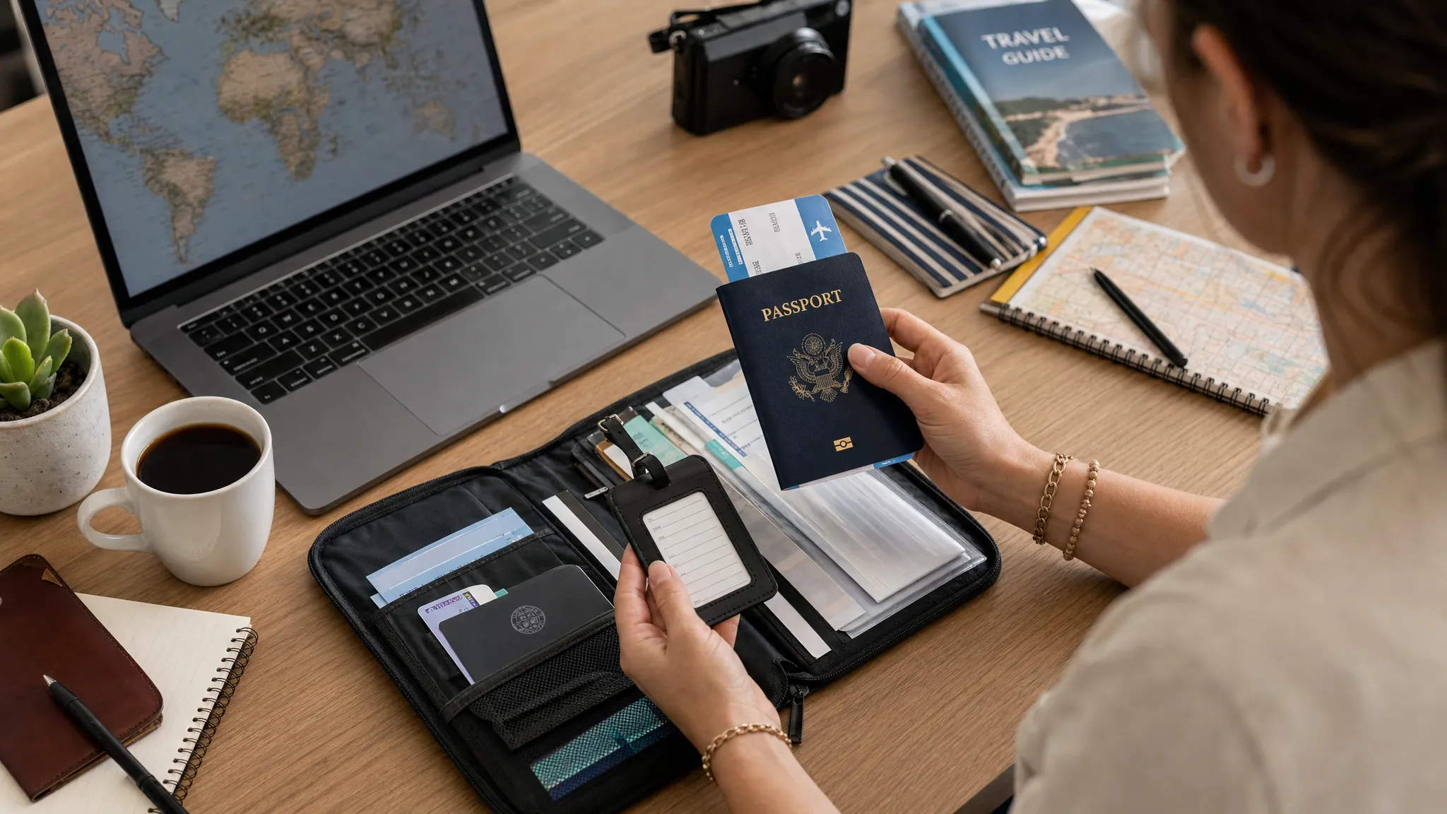 A frequent traveler preparing for an international trip with a passport, boarding pass, luggage tag, and organized travel documents spread across a desk. The scene suggests efficient trip planning without showing readable personal data.