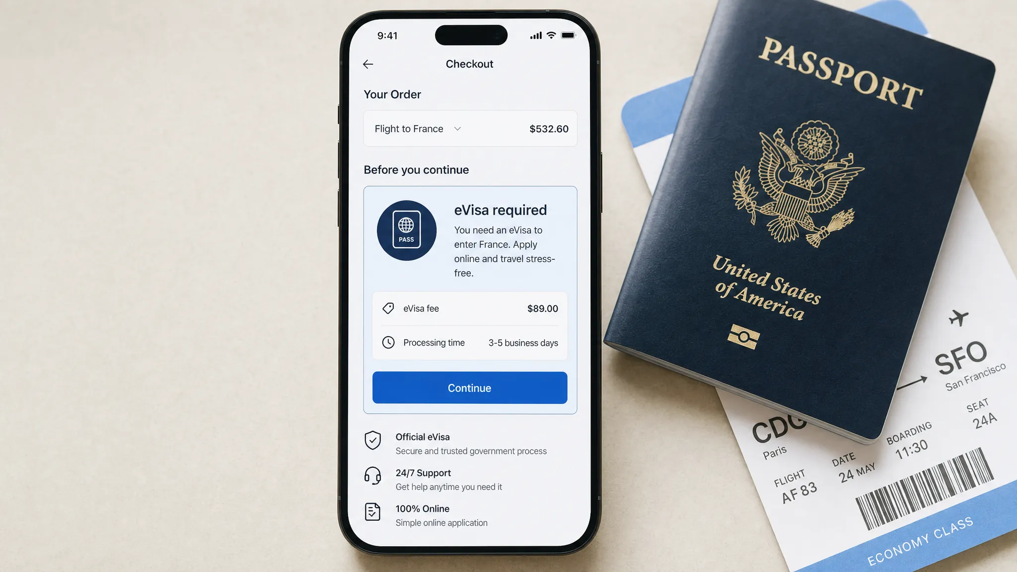 A mobile checkout screen facing the camera shows an eVisa requirement card with a passport icon, price, processing time, and continue button, with a passport and boarding pass placed beside the device.