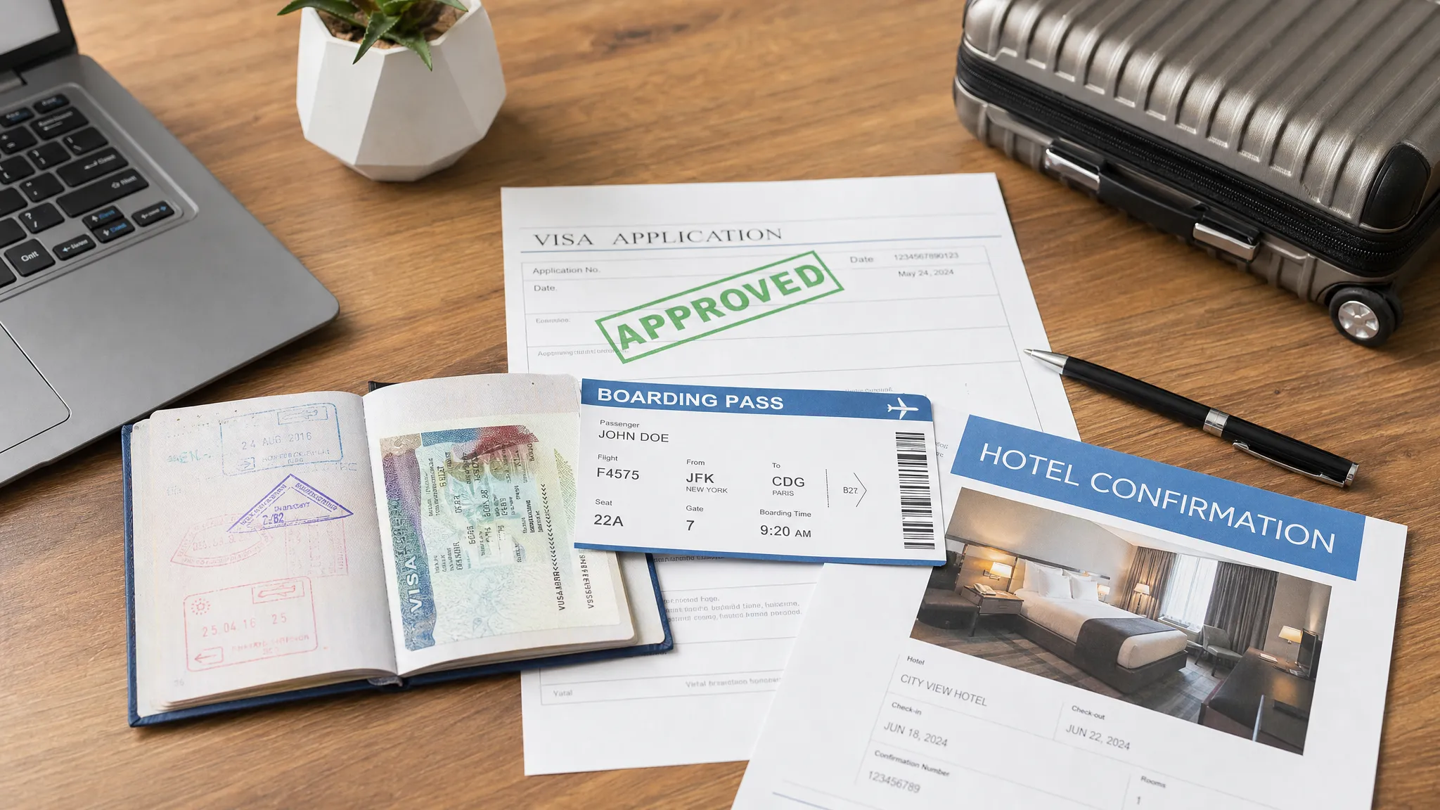 A neatly arranged travel desk with an open passport, boarding pass, visa approval printout, hotel confirmation, pen, and small suitcase, showing a traveler preparing documents before booking a trip.