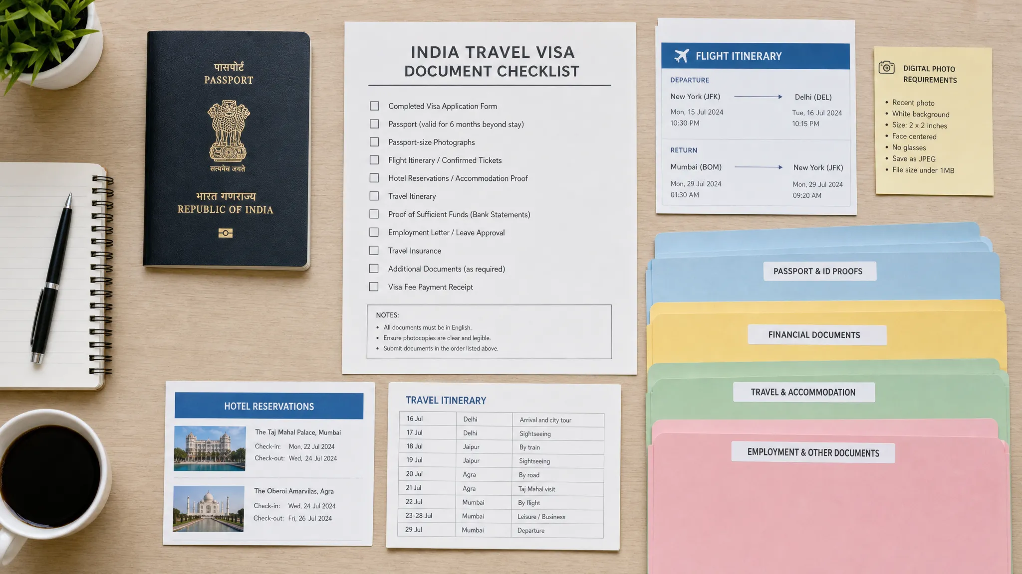 A neatly organized travel visa document checklist on a desk with a passport, printed itinerary, digital photo notes, and labeled folders for an India trip, viewed from overhead with the items spread in a clear grid.