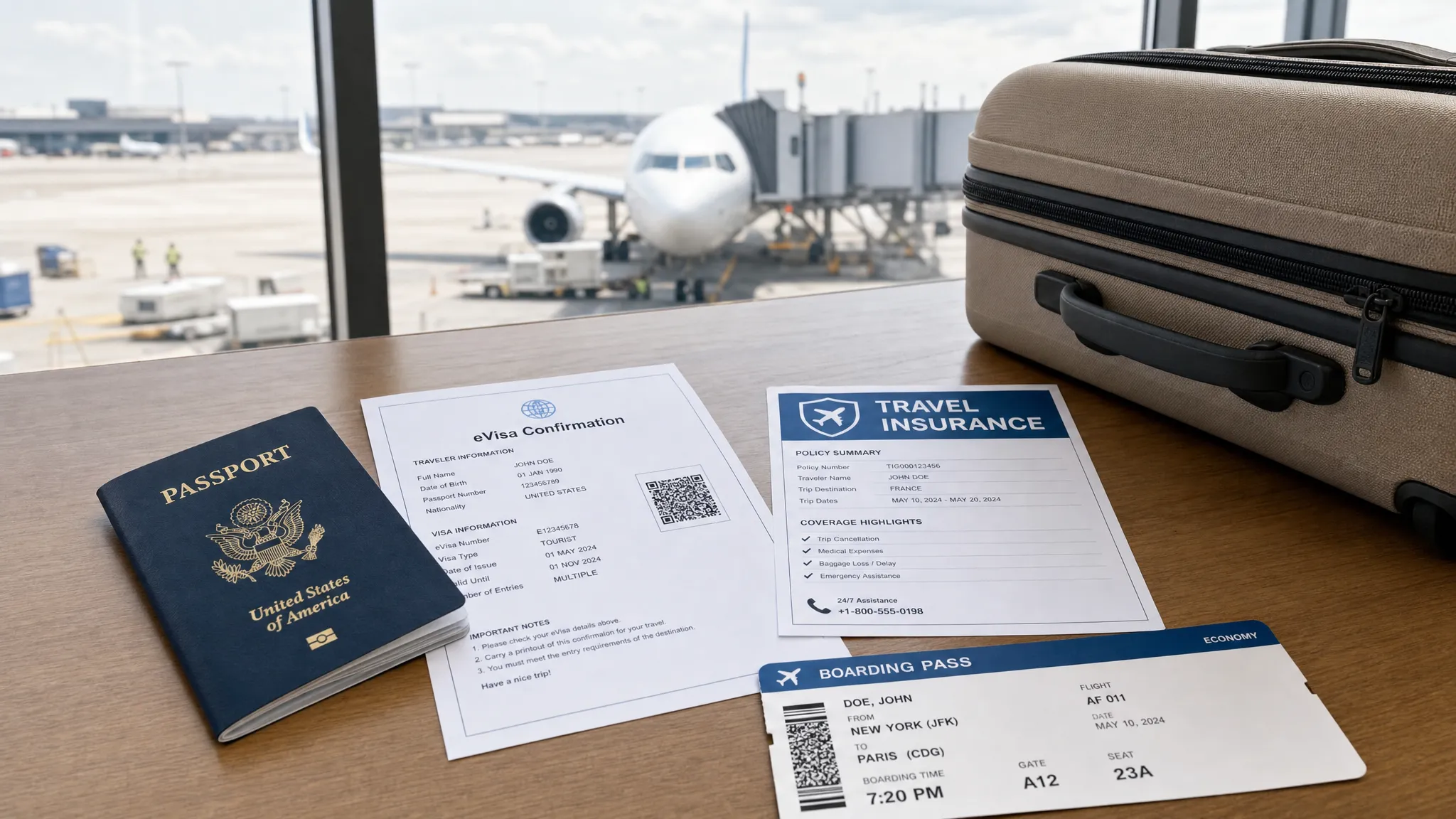 A passport, printed eVisa confirmation, travel insurance document, small suitcase, and boarding pass arranged on a table near a window with a departure view.