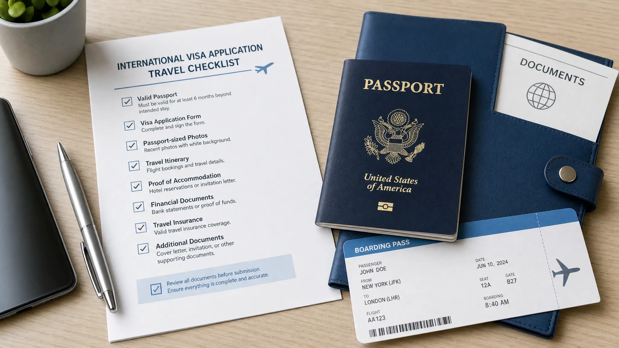 A passport, travel checklist, boarding pass, and document folder arranged on a desk beside a pen and phone, showing the preparation steps for an international visa application.