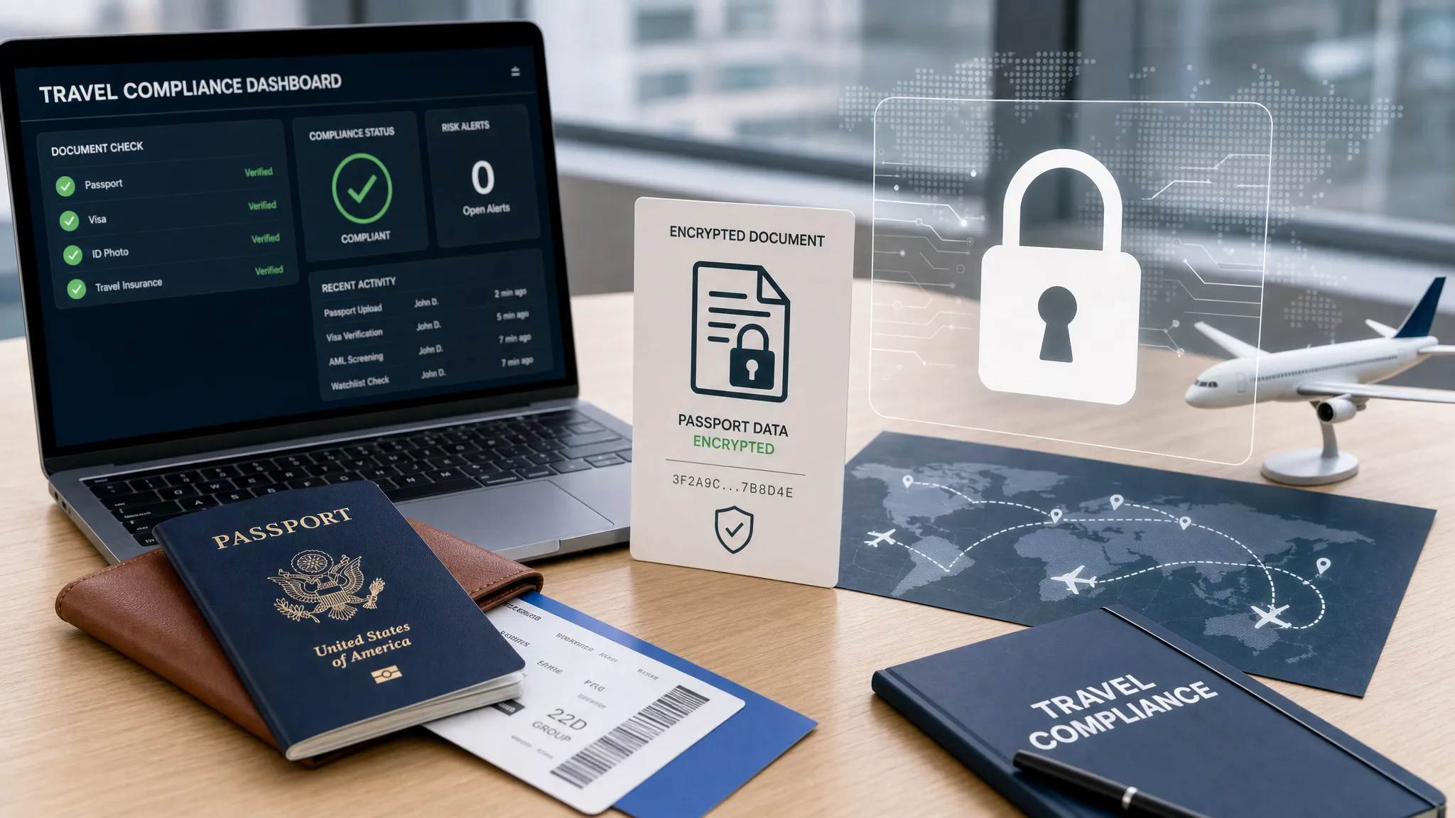 A secure travel compliance workspace showing a passport, encrypted document icons, a lock symbol, and travel route elements representing protected passport data workflows for travel companies.