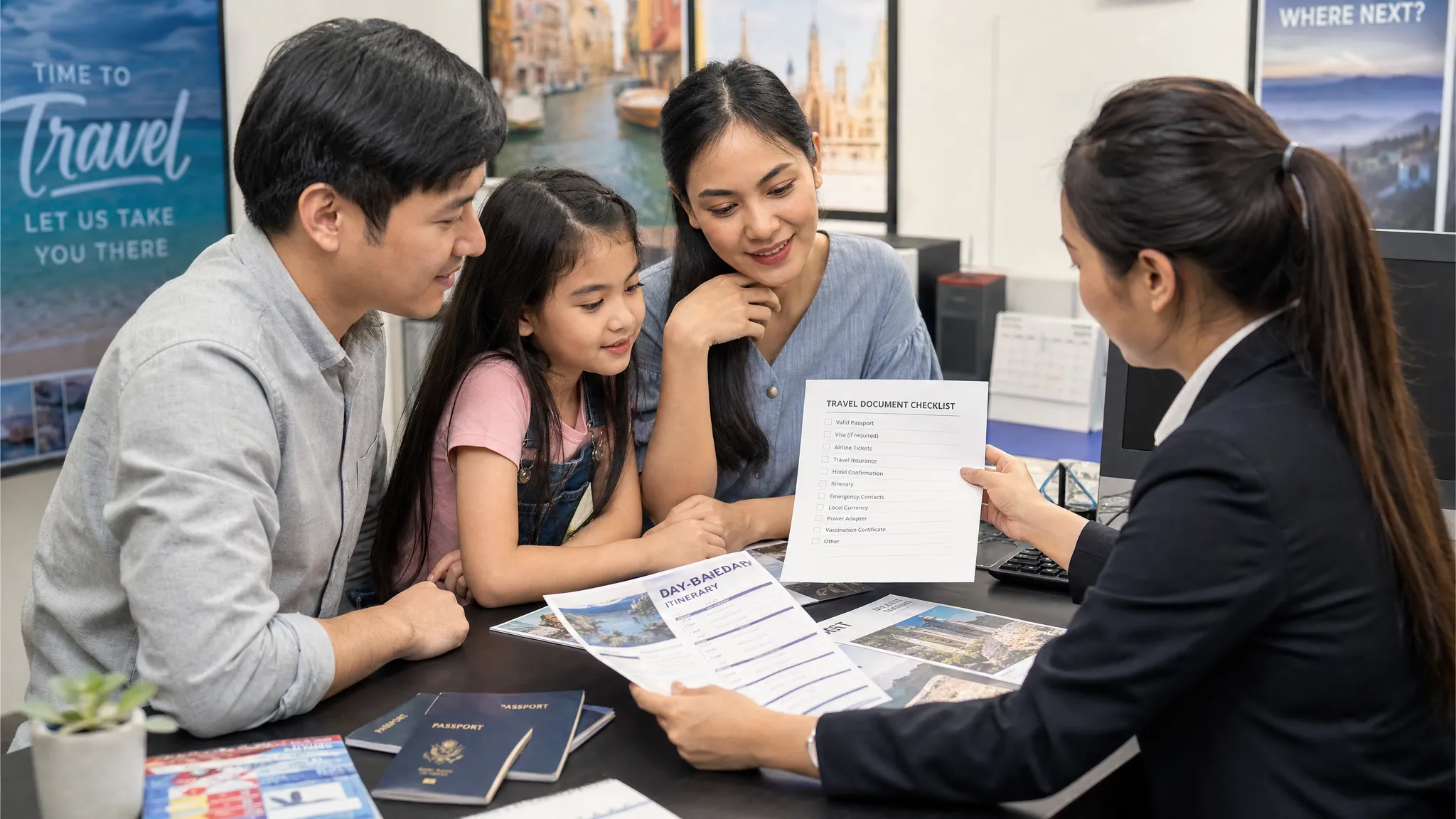 A tour operator consultant reviewing passports, printed itineraries, and travel document checklists with a family at a desk before an international group trip.