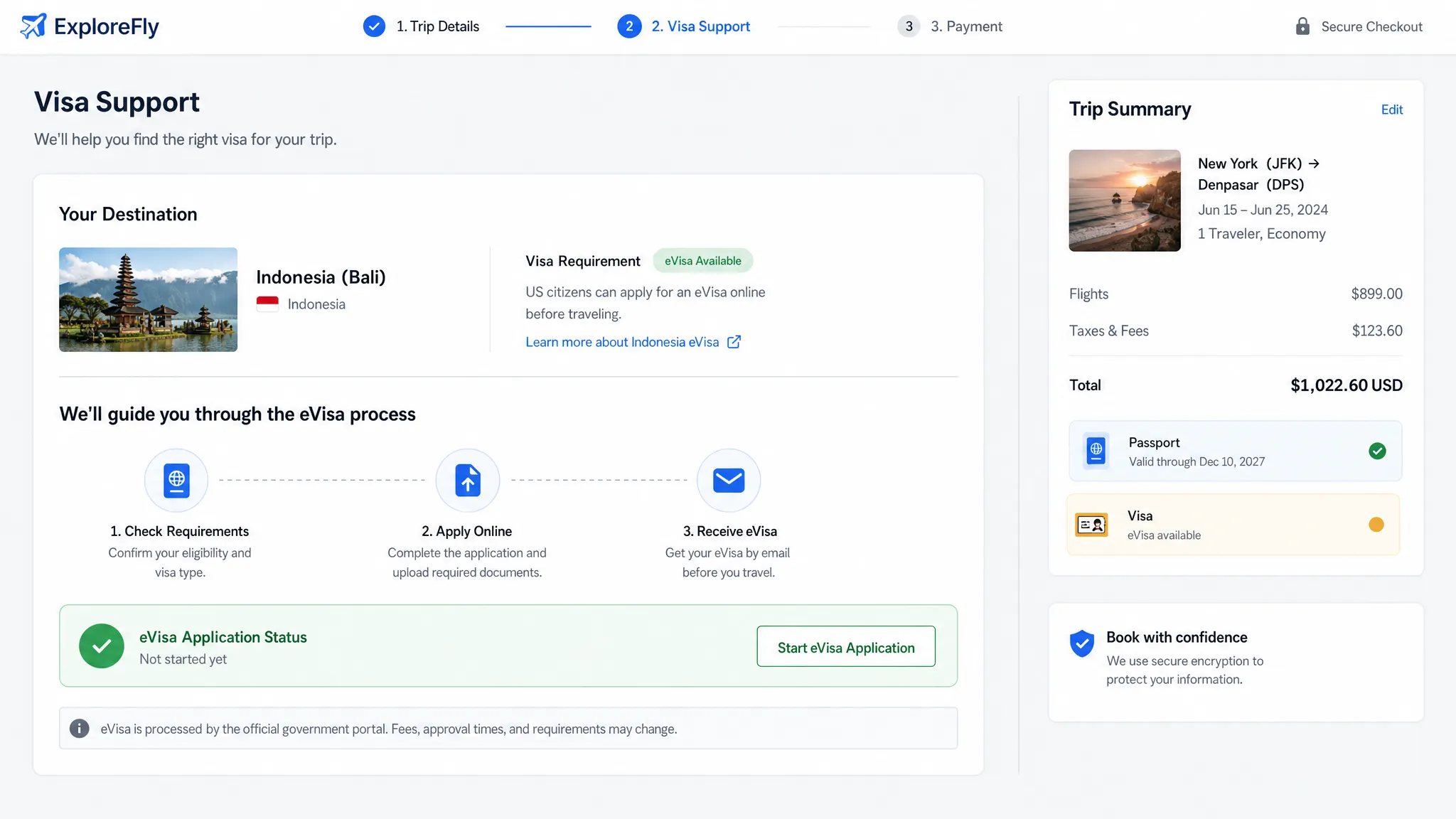 A travel checkout flow shows a clear visa support step between trip details and payment, with passport, destination, and application status icons indicating where eVisa guidance appears in the journey.