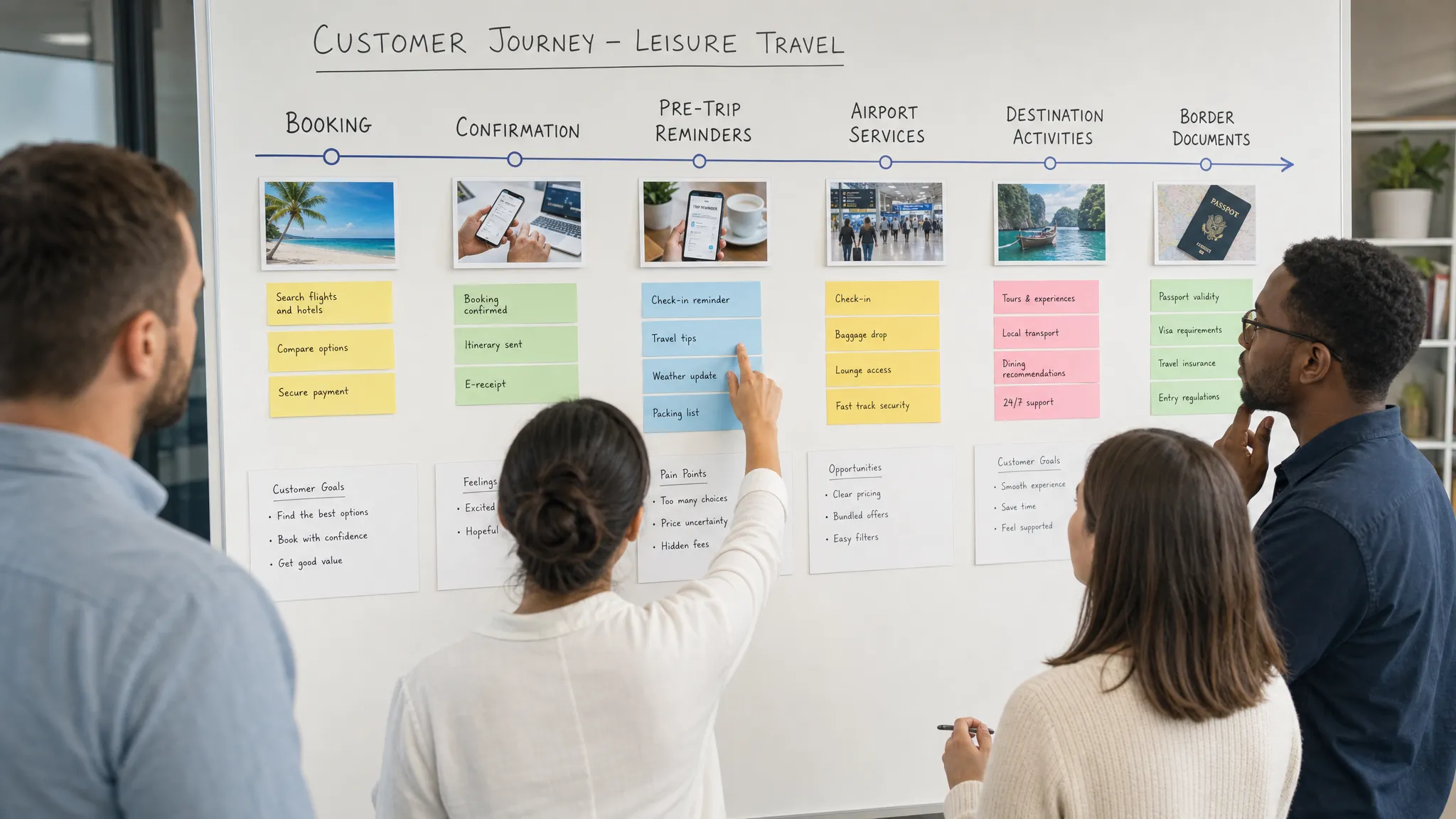 A travel operations team mapping a customer journey on a wall, with cards for booking, confirmation, pre-trip reminders, airport services, destination activities, and border documents arranged in sequence, viewed from over the shoulder in a bright office.