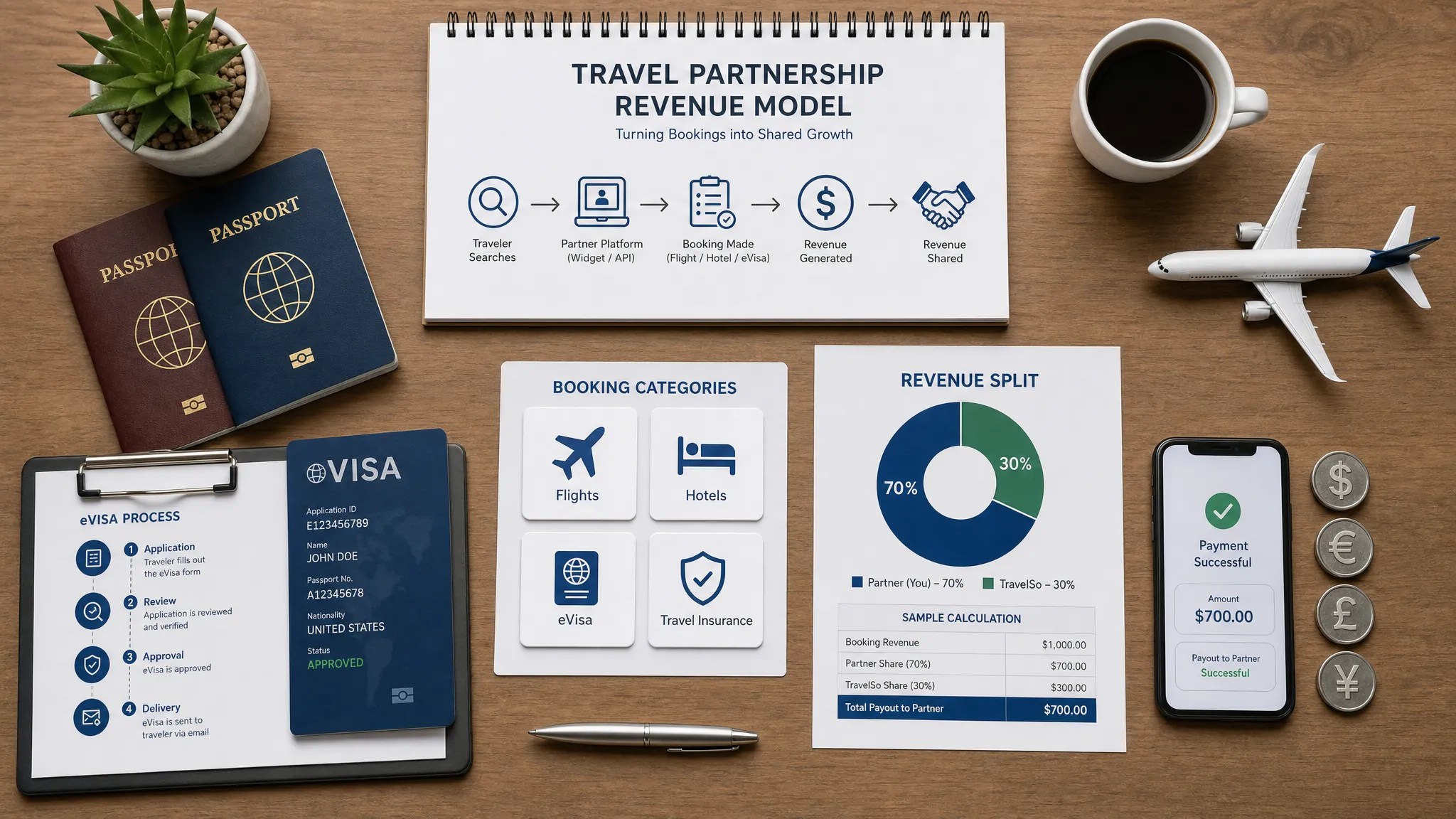 A travel partnership revenue model workspace shown as an overhead tabletop layout with passports, eVisa documents, booking icons, payment tokens, and a clear revenue split chart arranged in separate sections.