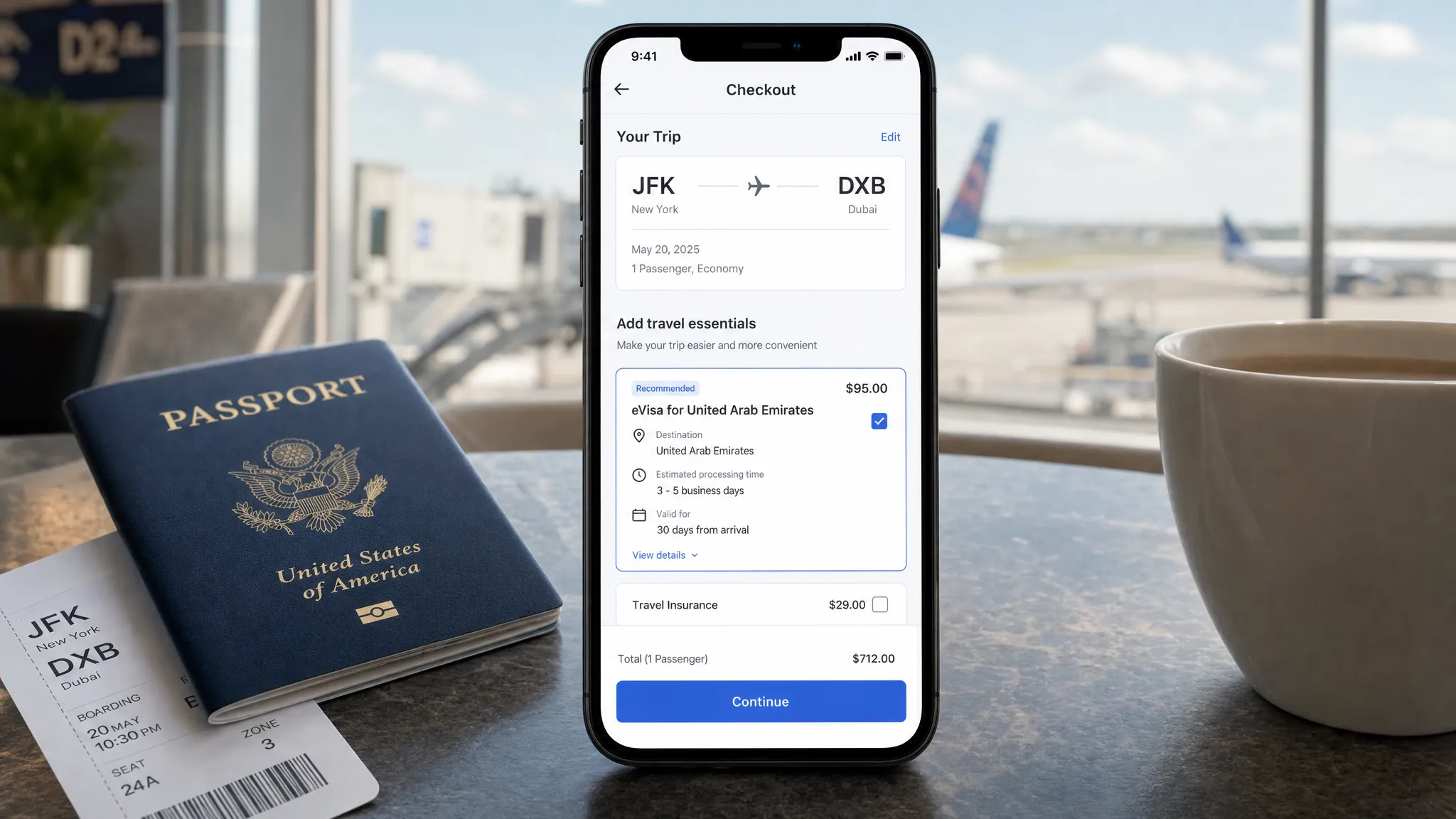 A traveler at an airport table with a passport and boarding pass beside a smartphone. The phone screen faces the viewer and shows an airline booking checkout with a clear eVisa add-on option, including destination, estimated processing time, and a continue button.